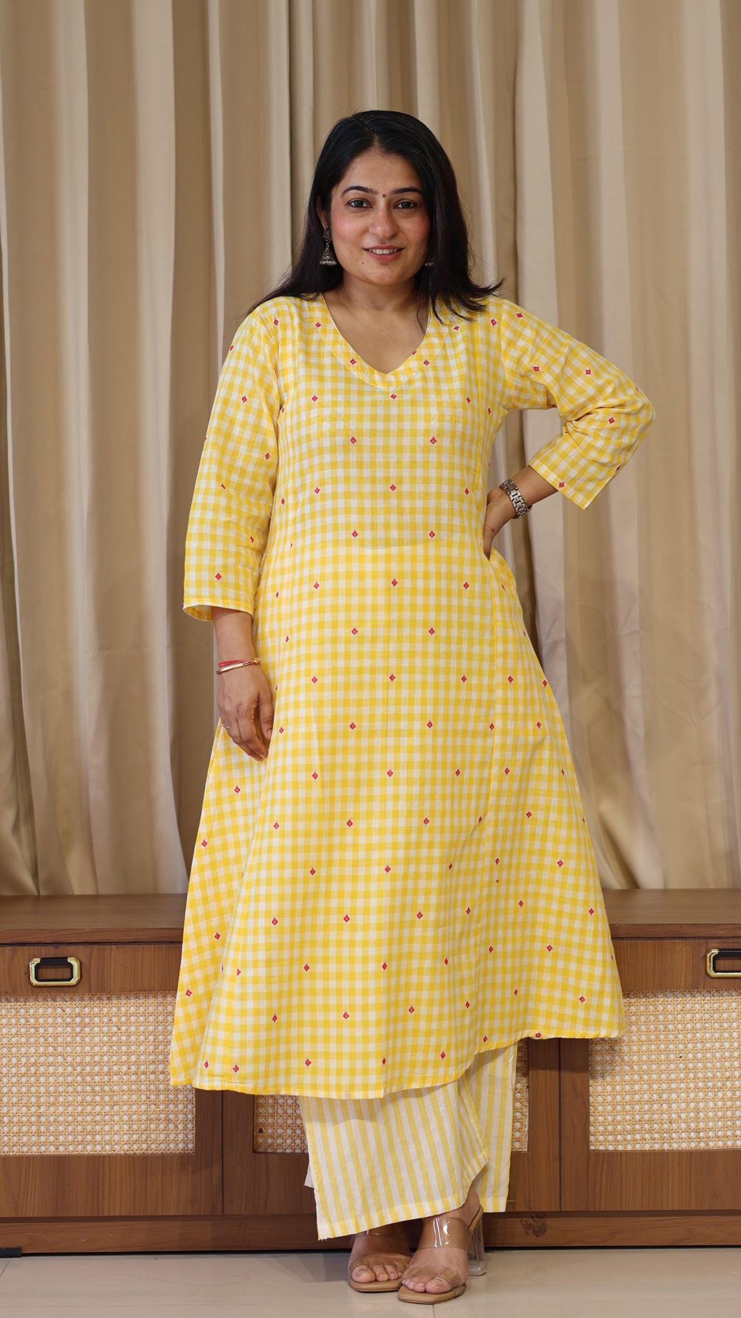 Checks and Stripes Handwoven Cotton Kurta - Yellow