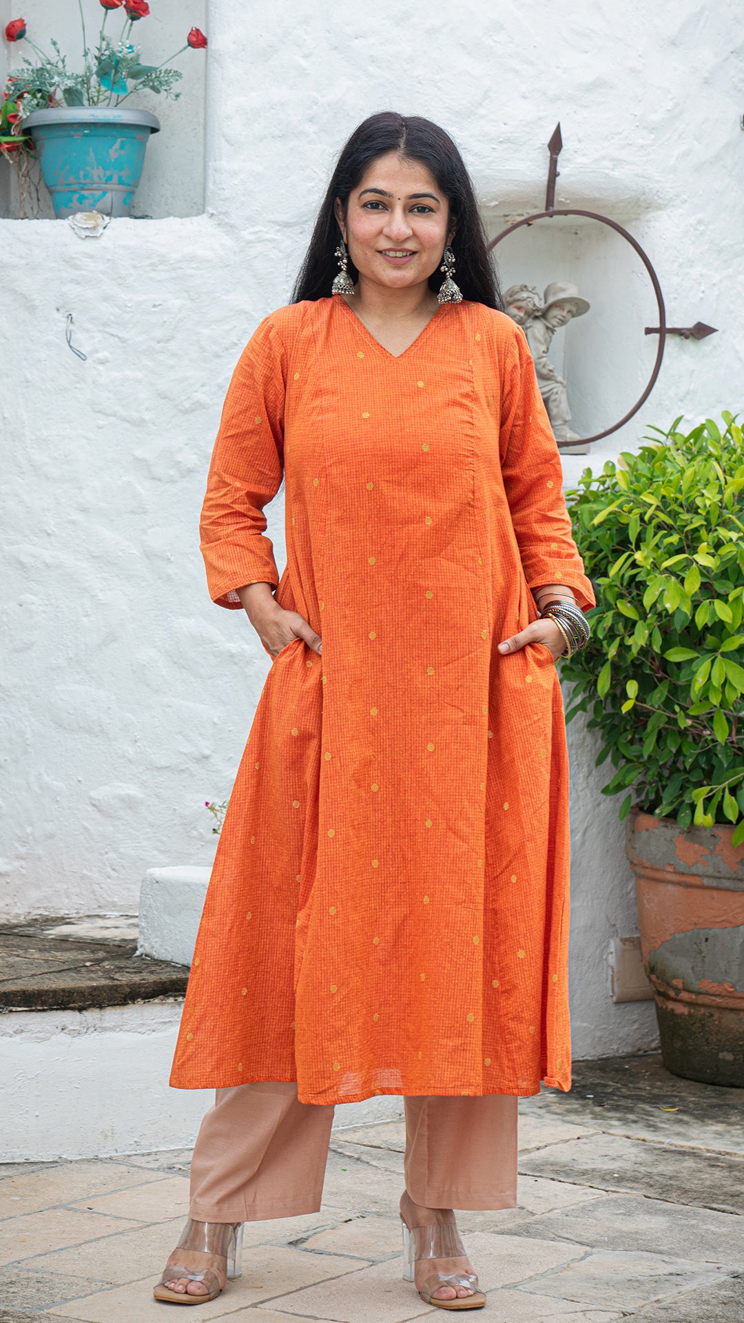 Urja Hand Woven Golden Zari Motif Kali Cotton Kurta - Orange