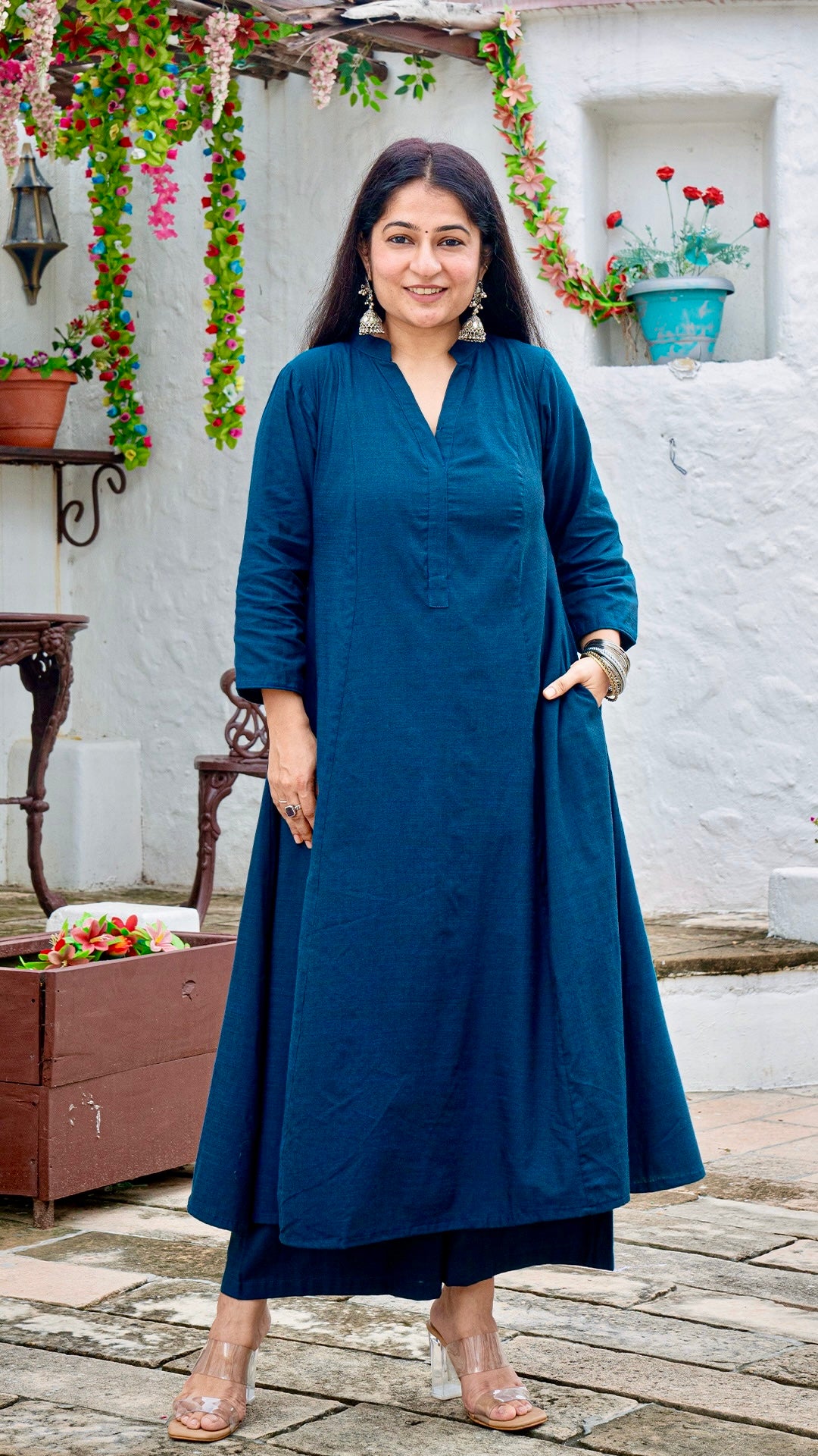 Solid Blue Hand Woven Kali Cotton Kurta