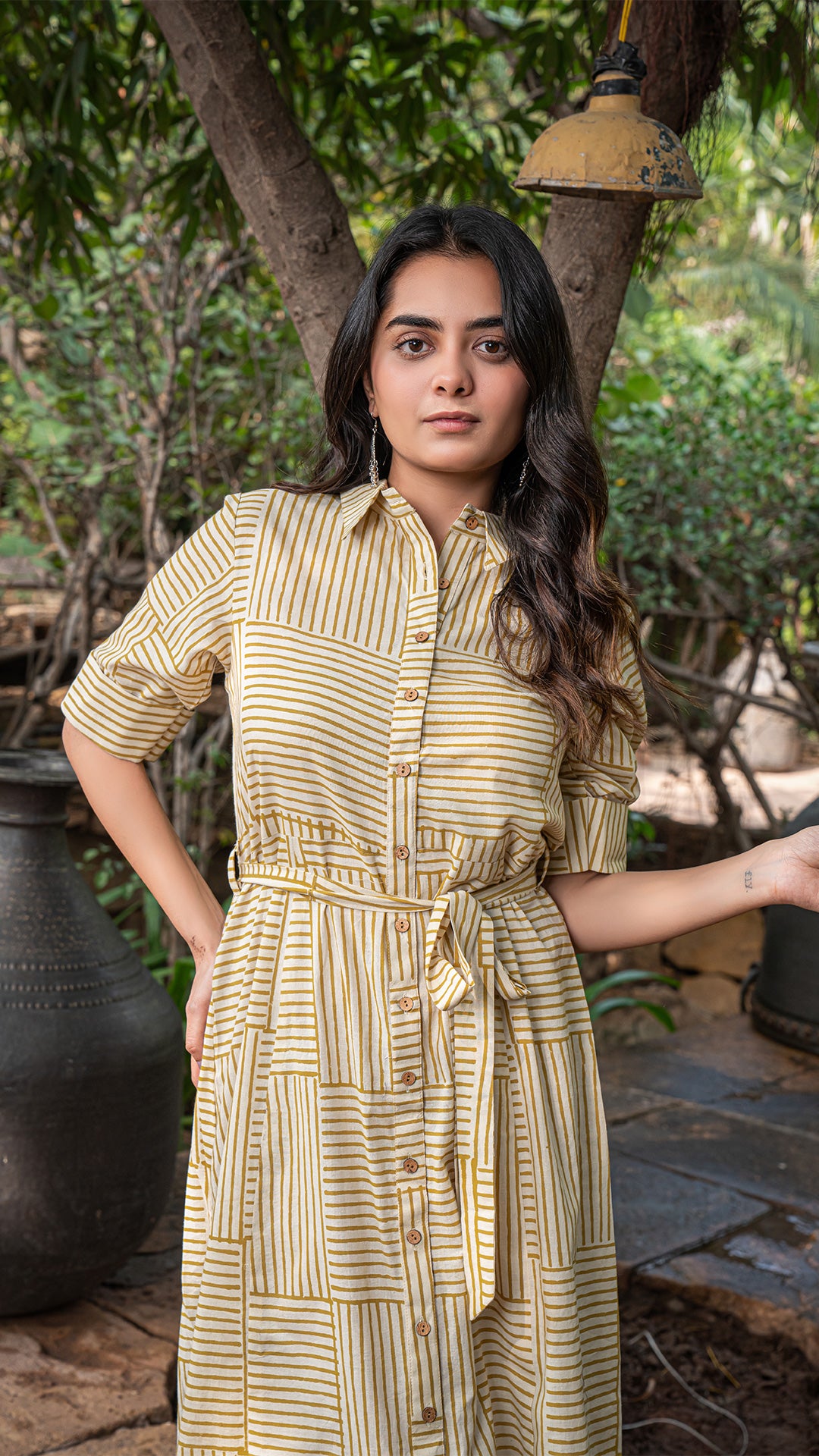 Aarshi Bagru Hand Block Cotton Shirt Dress - Mustard Stripes