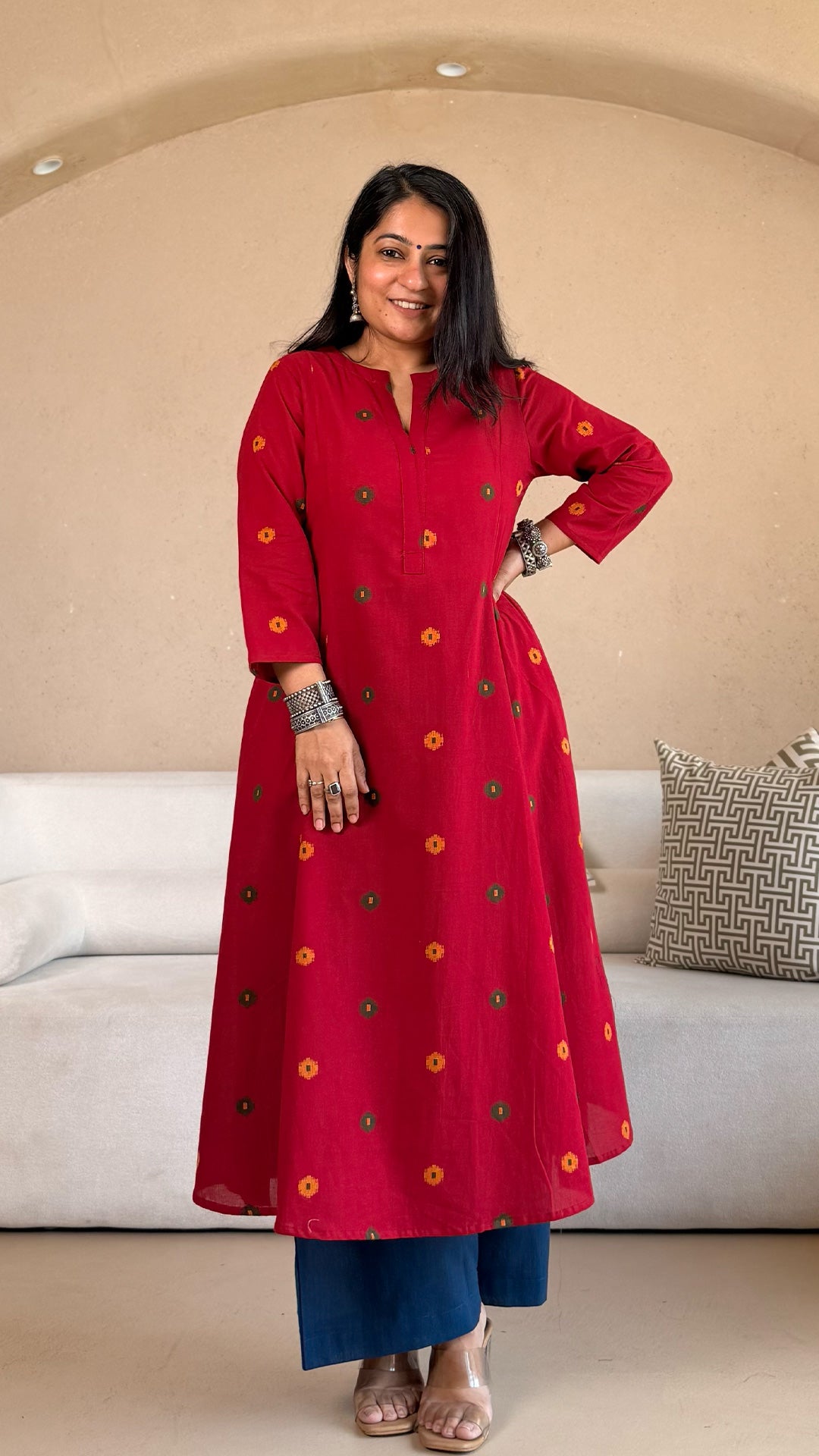 Spiti Handwoven Cotton Kurta- Red/Blue