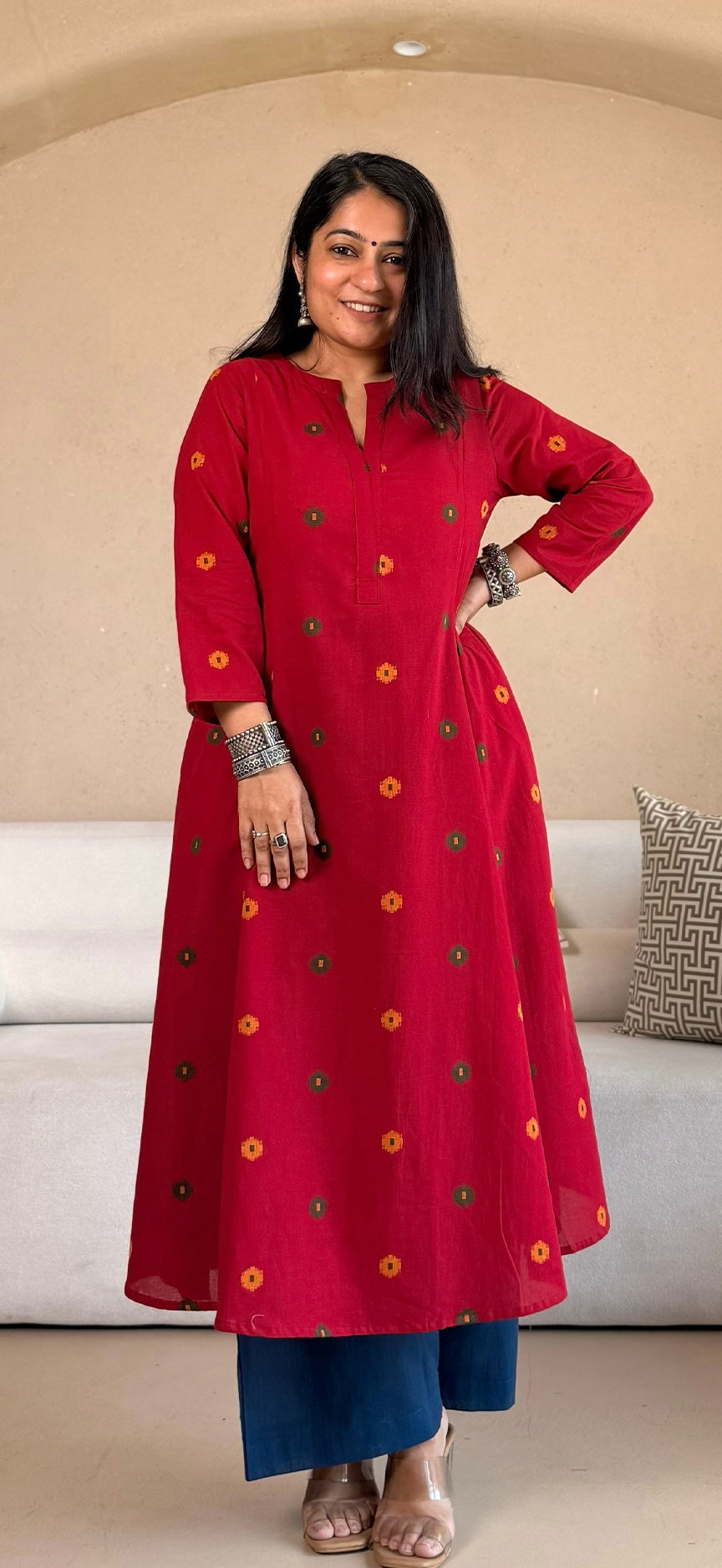 Spiti Handwoven Cotton Kurta- Red/Blue