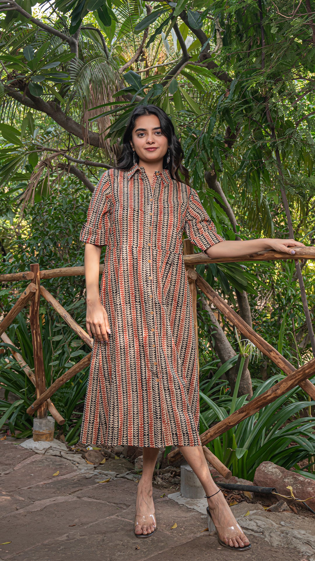 Nirjara Bagru Hand Block Cotton Shirt Dress - Red/Black Vertical Stripes