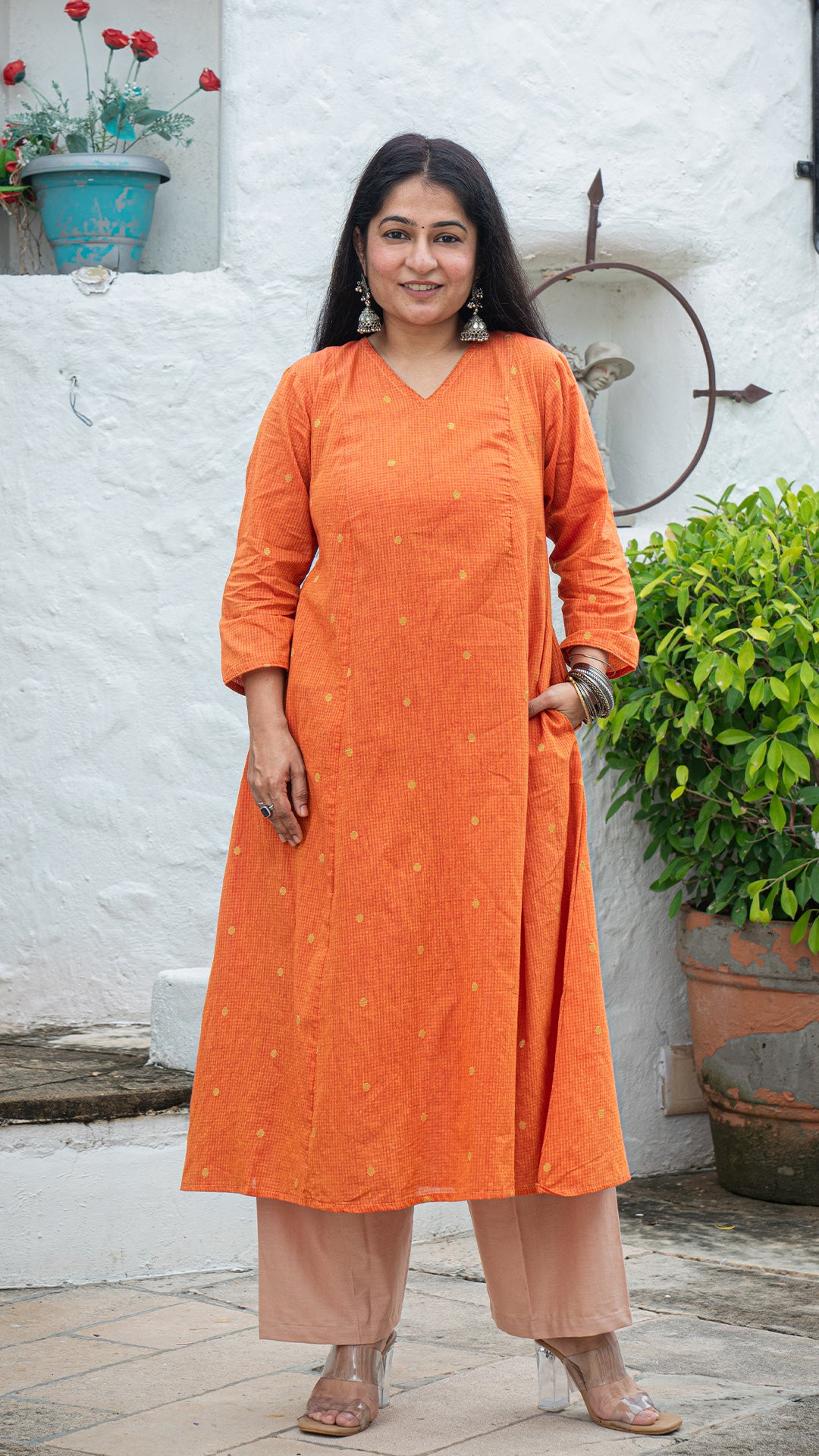 Urja Hand Woven Golden Zari Motif Kali Cotton Kurta - Orange