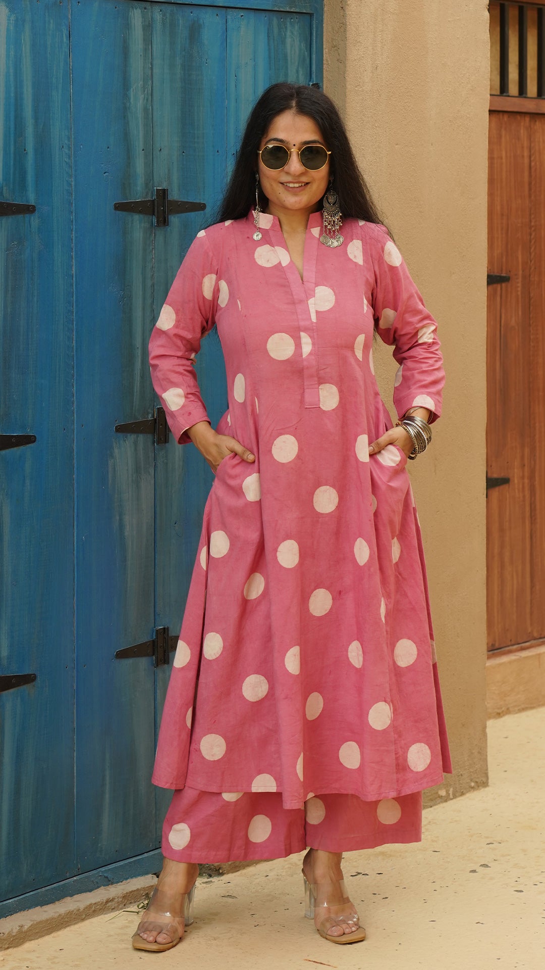 Pink Polka Dots Kali Kurta In Cotton