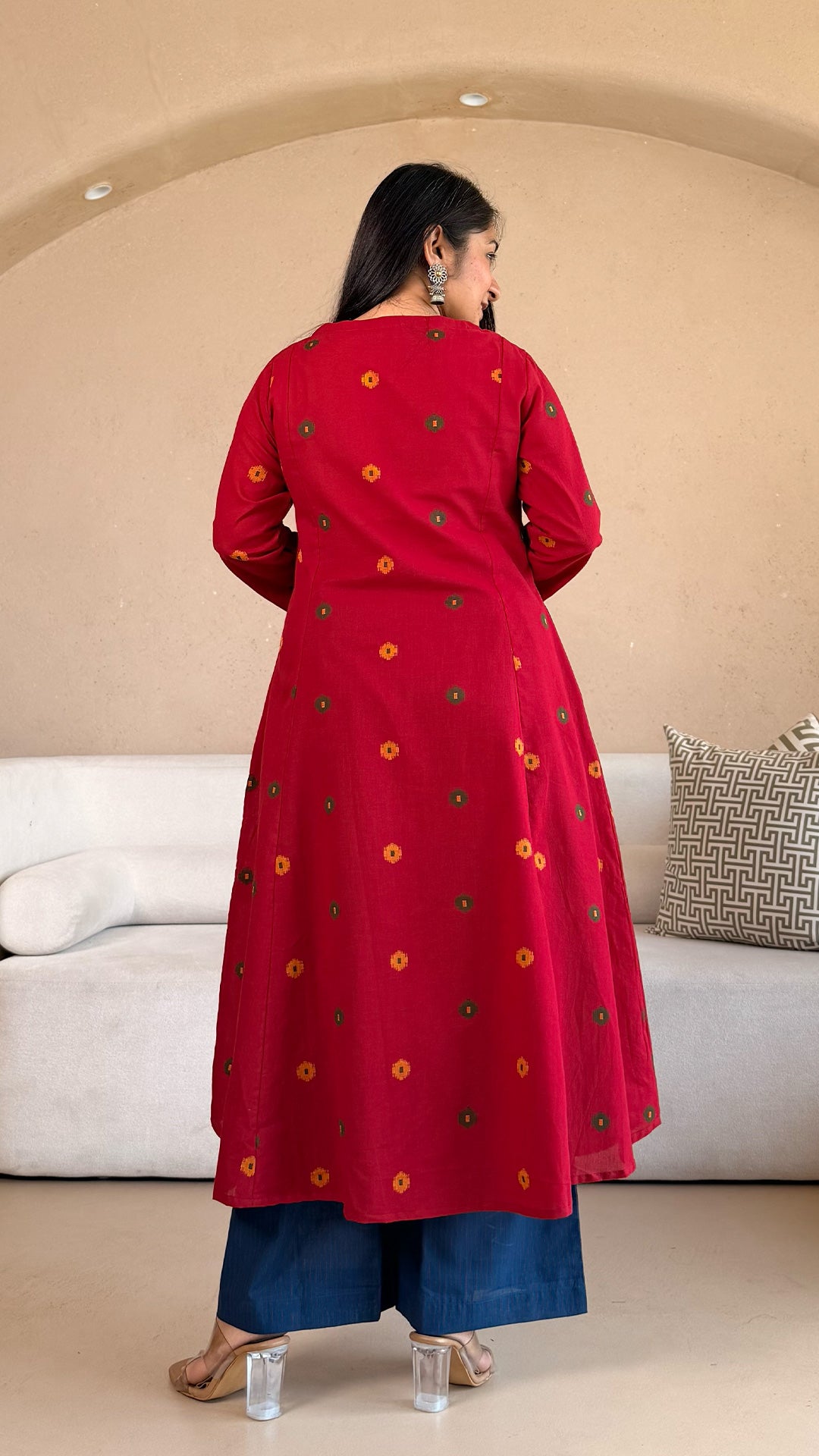 Spiti Handwoven Cotton Kurta- Red/Blue