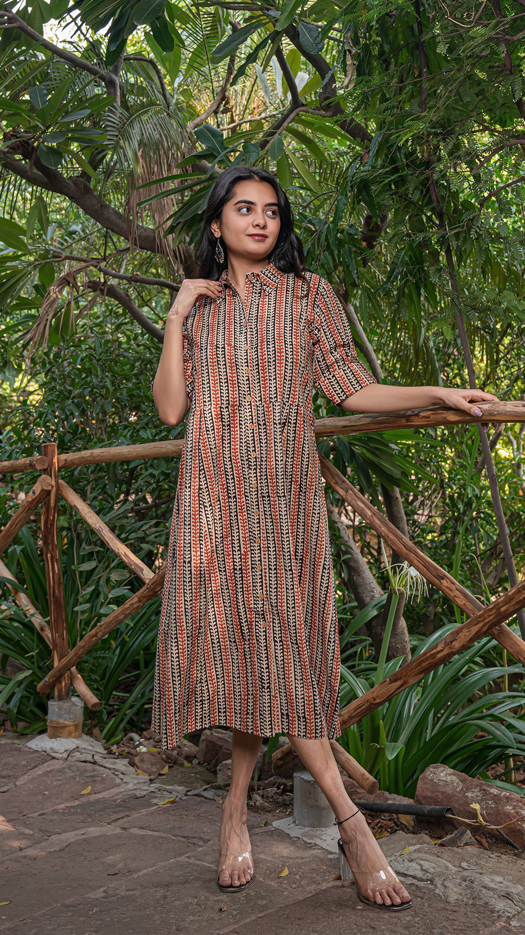 Nirjara Bagru Hand Block Cotton Shirt Dress - Red/Black Vertical Stripes