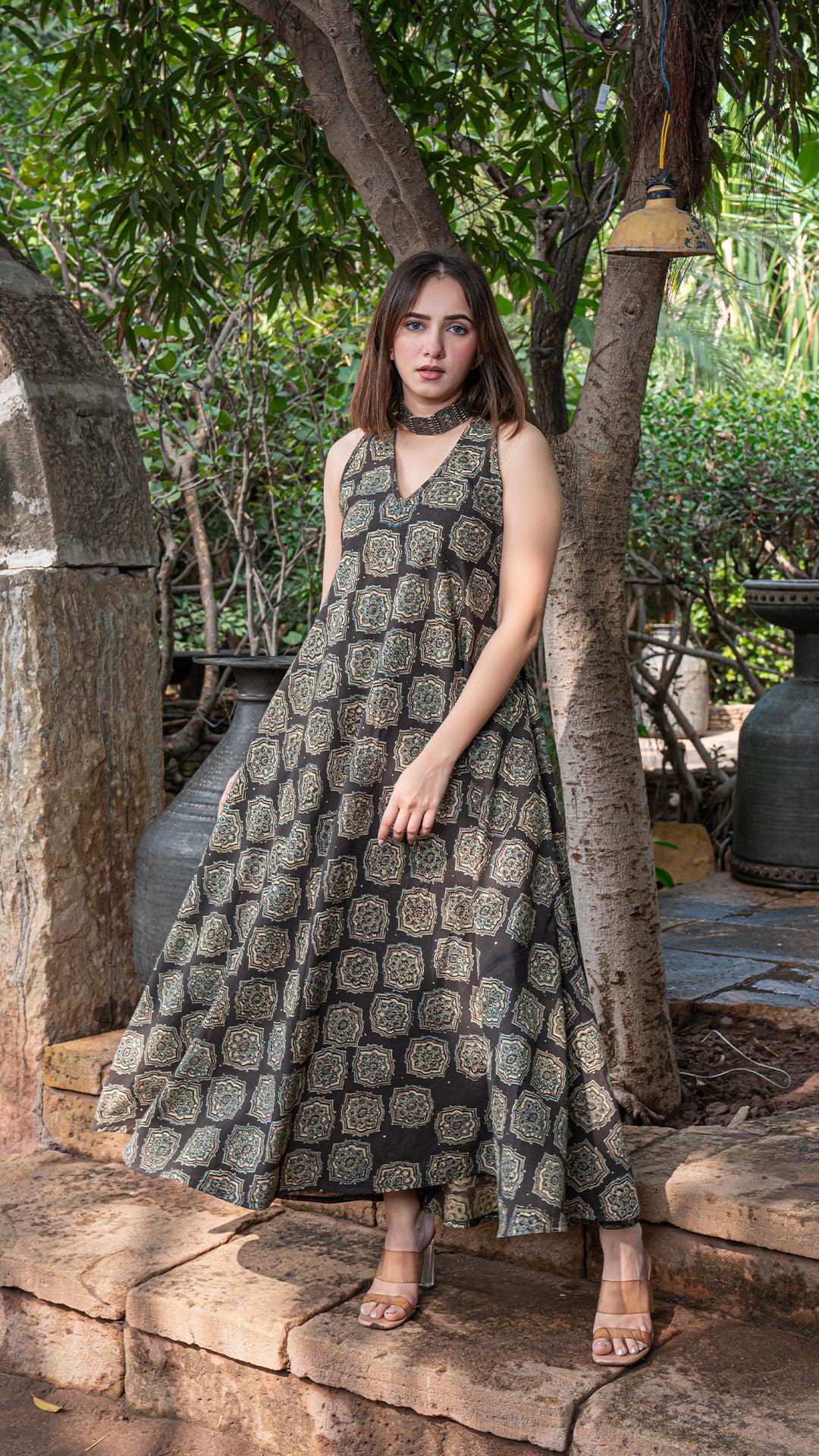 Inaya Halter Neck Ajrakh Cotton Dress - Charcoal