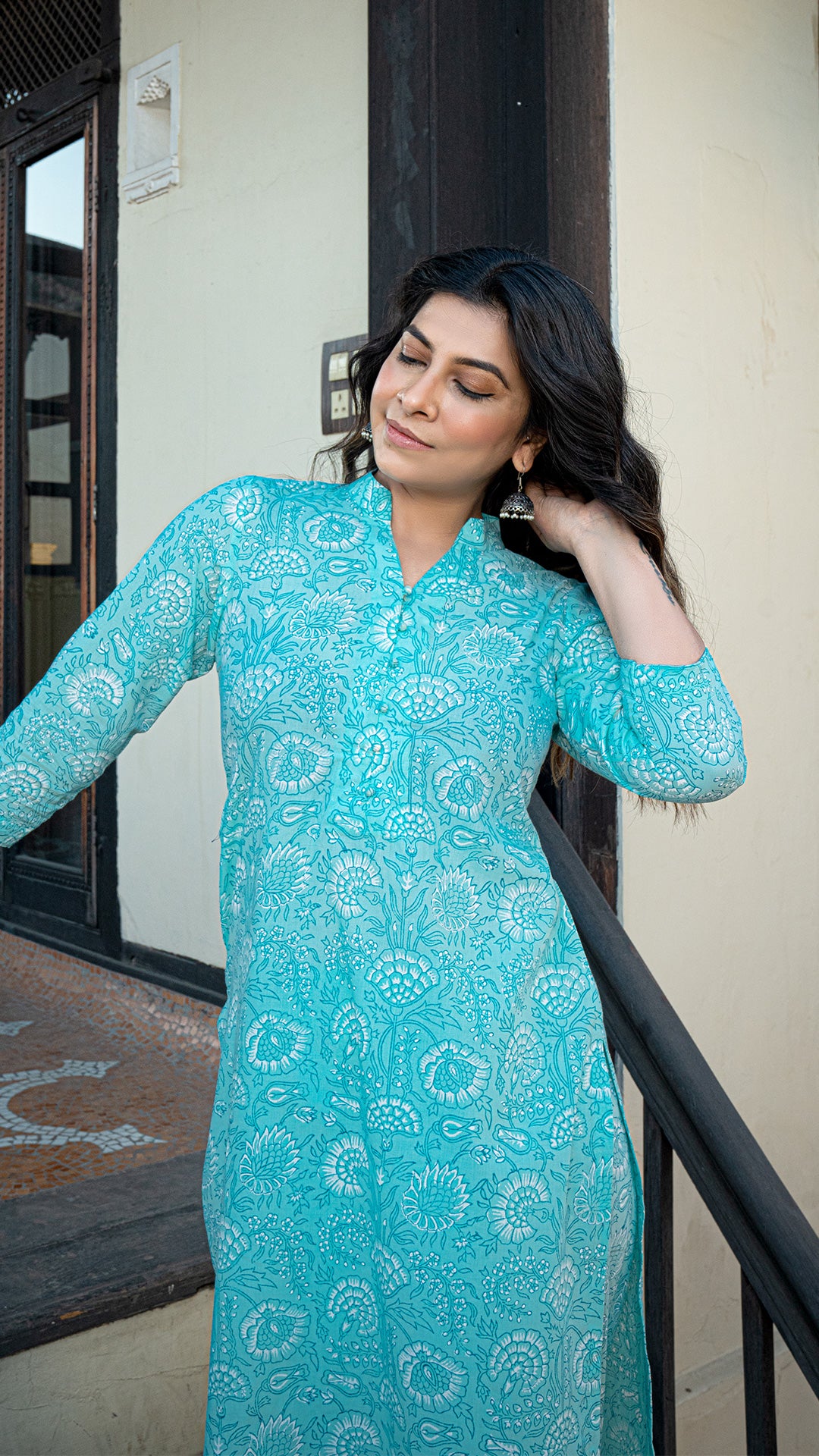 Brinda Sanganeri Hand Block Kurta - Pastel Turquoise