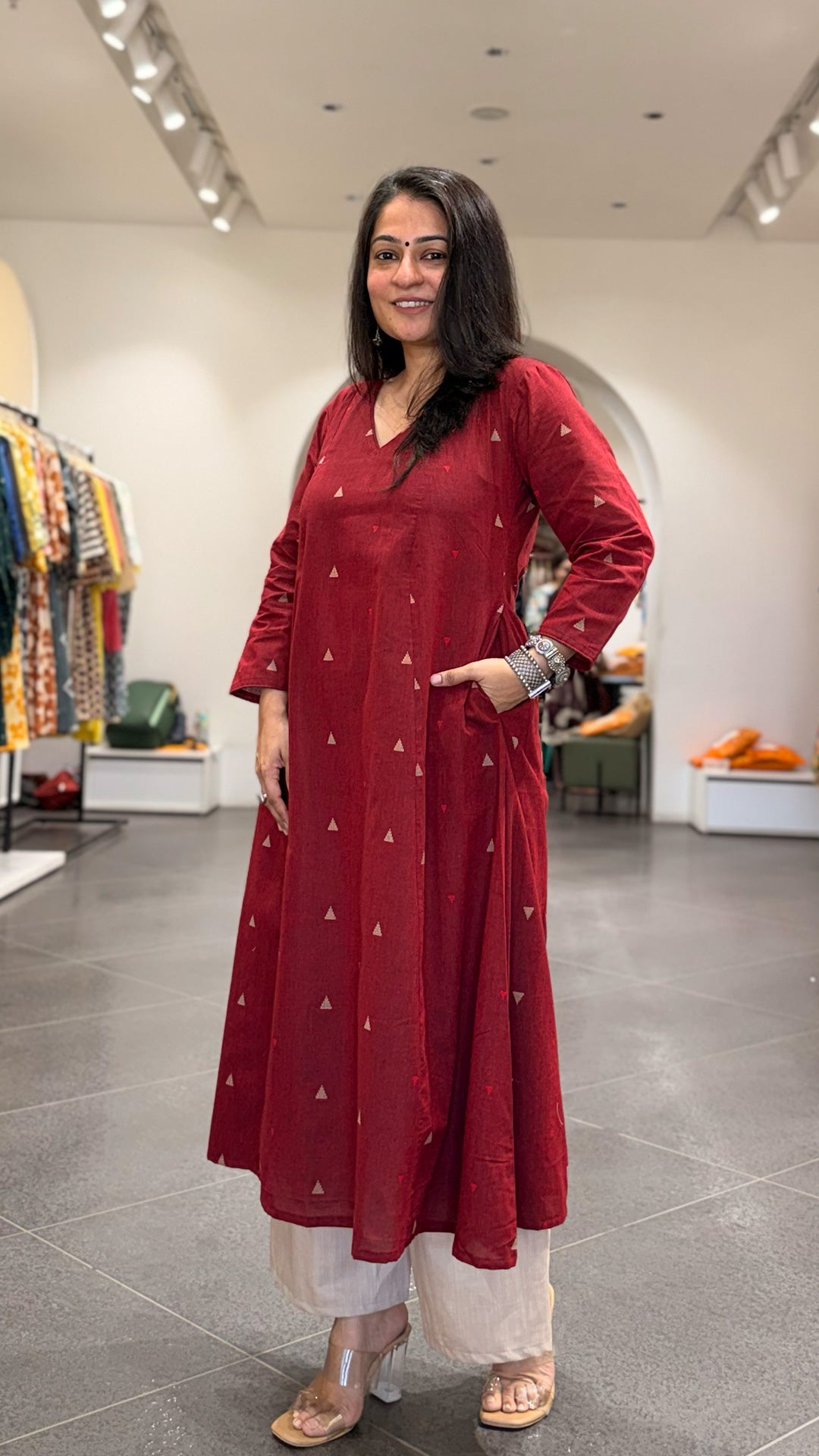Tara Hand Woven Kali Kurta In Cotton - Maroon