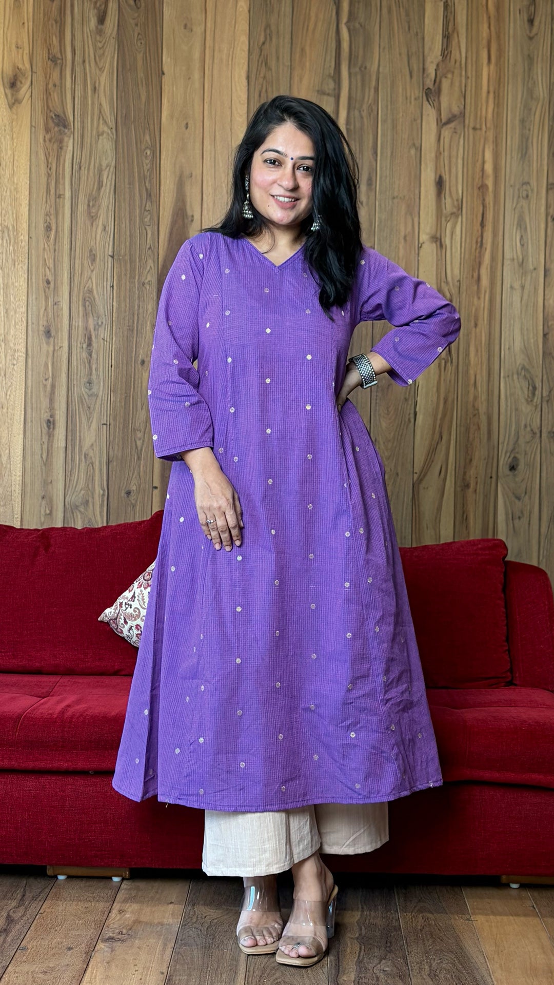 Tara Golden Butti Hand Woven Kali Kurta In Cotton - Purple