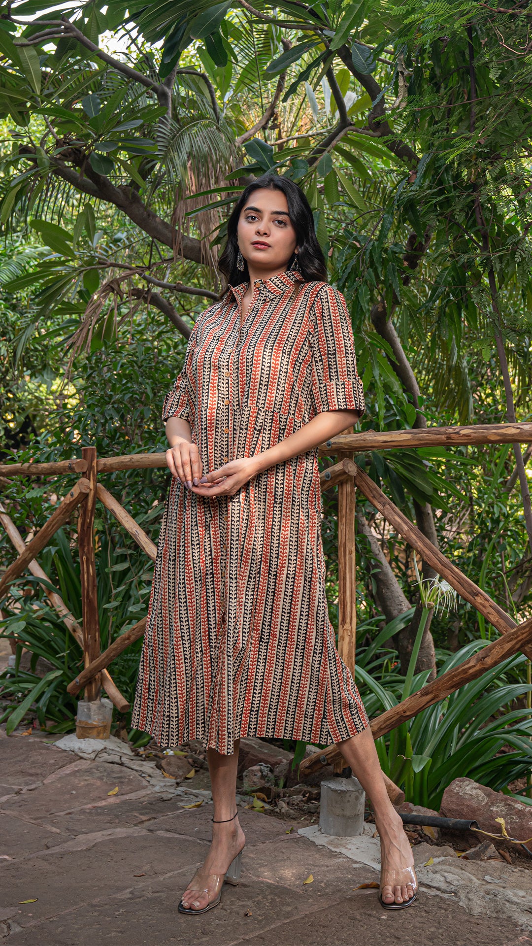 Nirjara Bagru Hand Block Cotton Shirt Dress - Red/Black Vertical Stripes