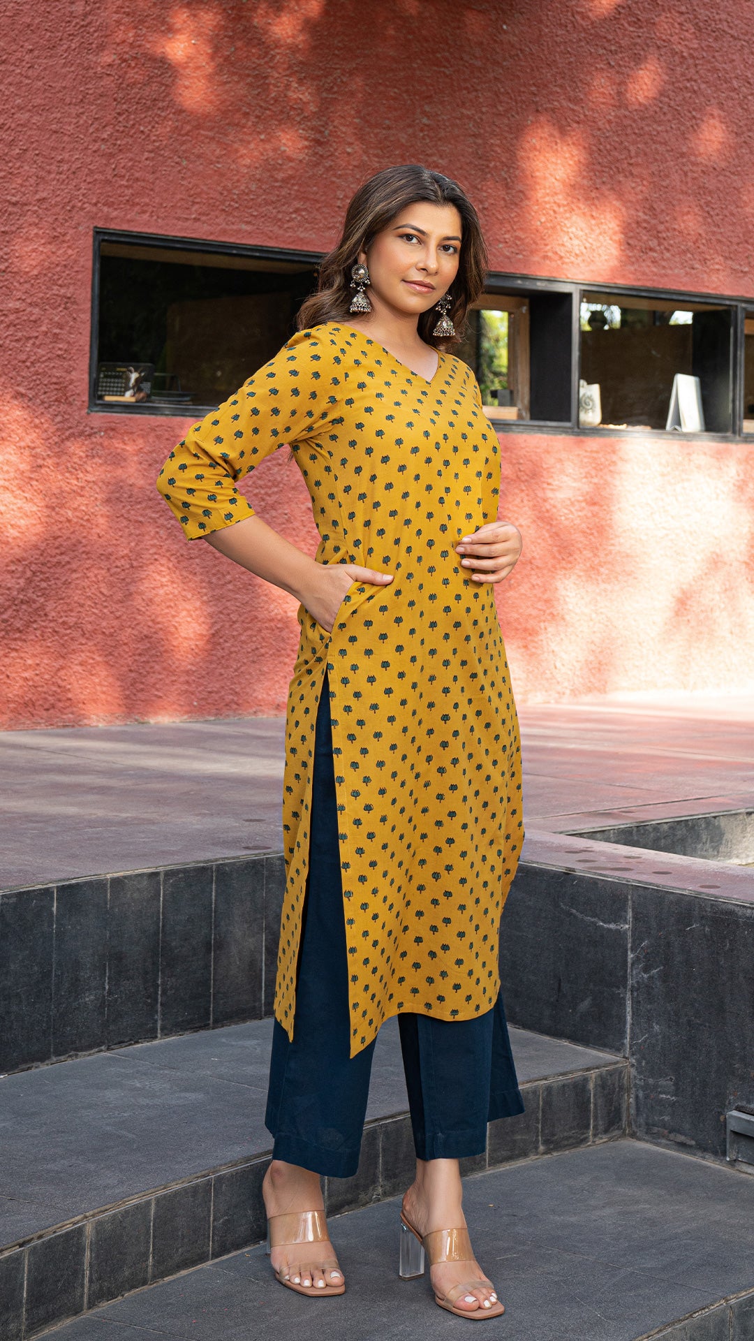 Aadhira Mustard Lotus Ajrakh Natural Dyed Cotton Kurta