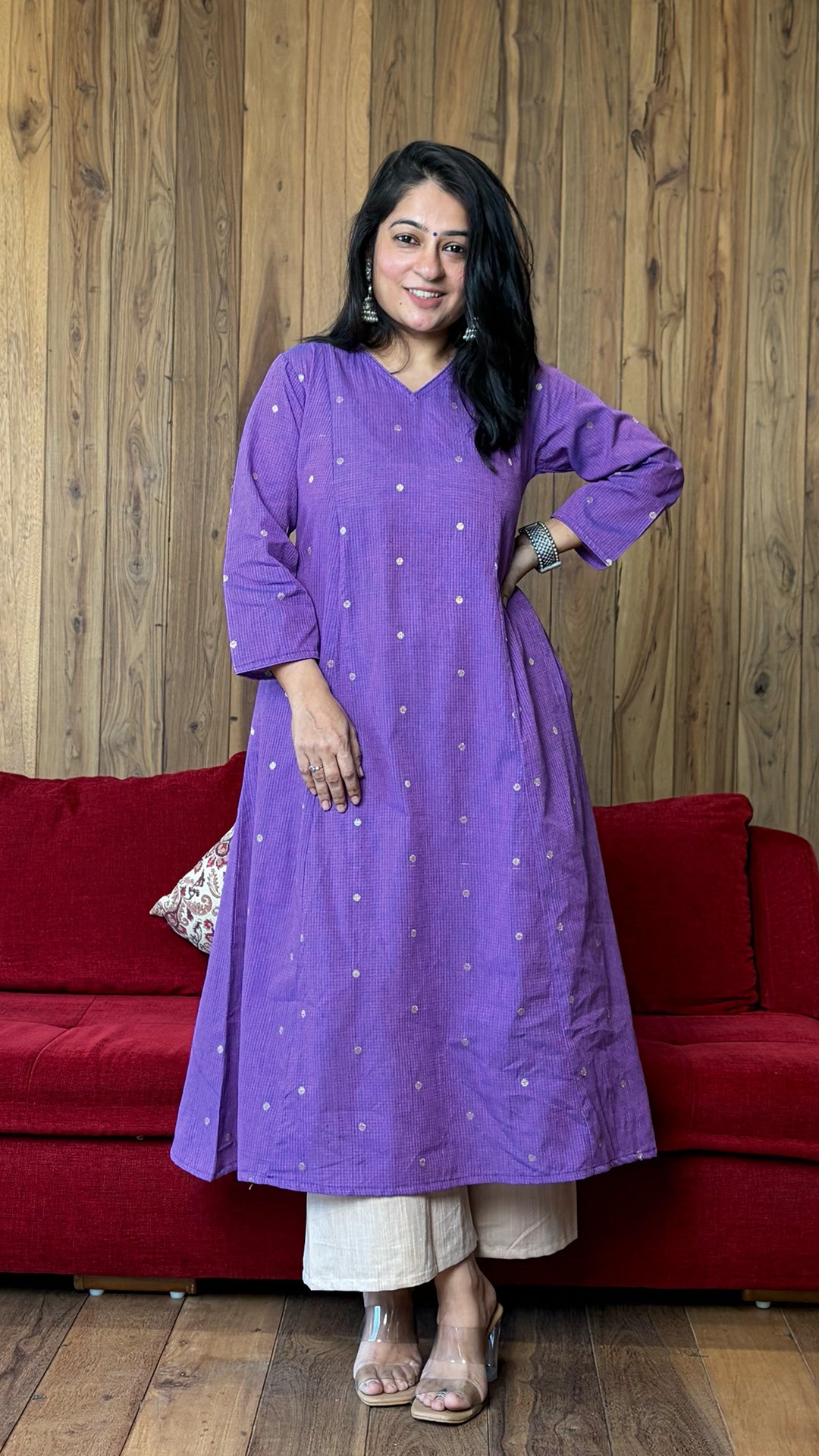 Tara Golden Butti Hand Woven Kali Kurta In Cotton - Purple
