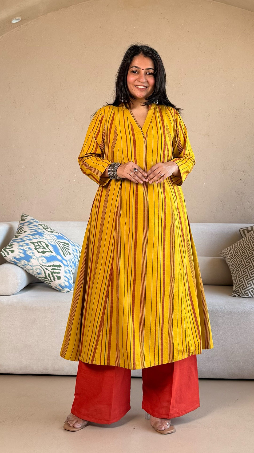Nazreen Handwoven Stripes Cotton Kurta - Yellow/Rust