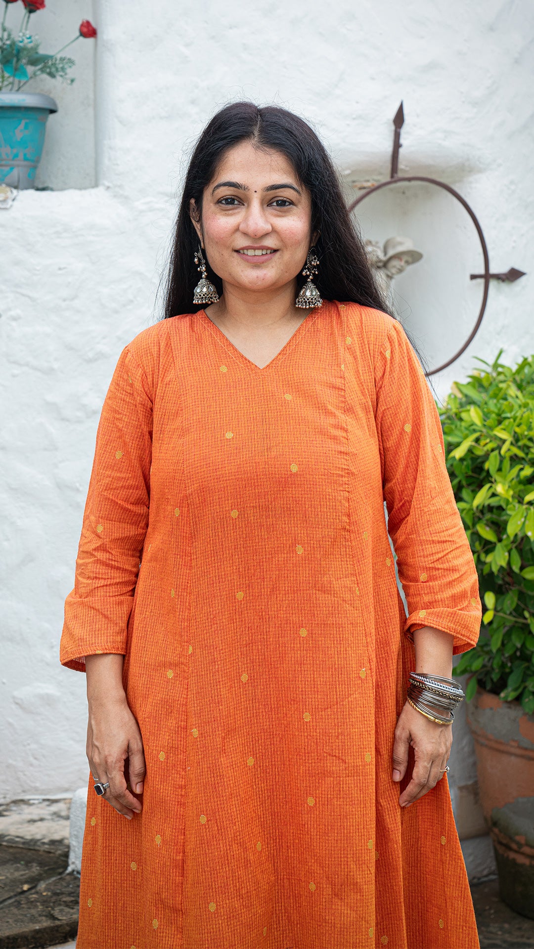 Urja Hand Woven Golden Zari Motif Kali Cotton Kurta - Orange