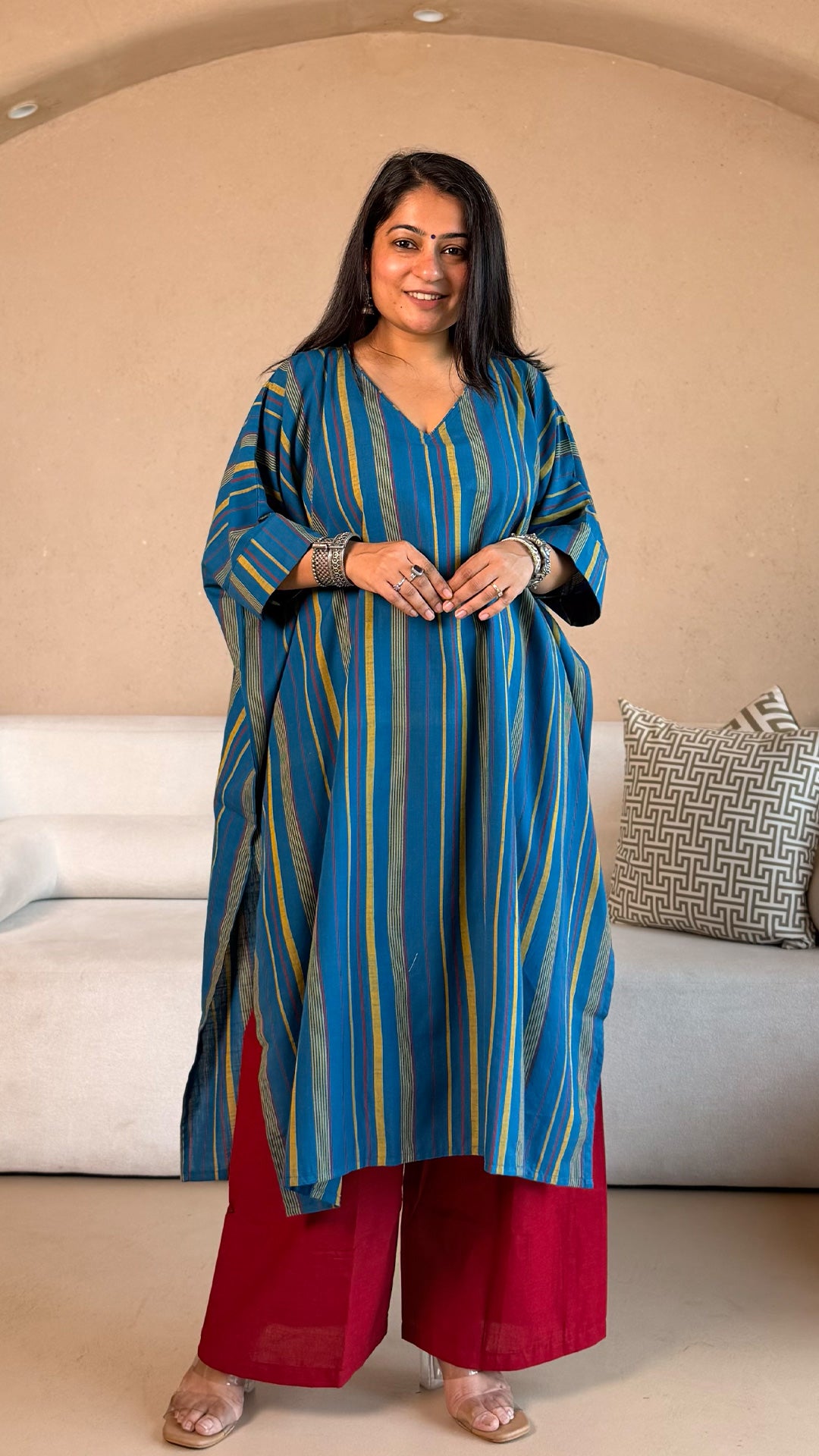 Anoli Stripes Kaftan Co-ord In Handwoven Cotton - Blue