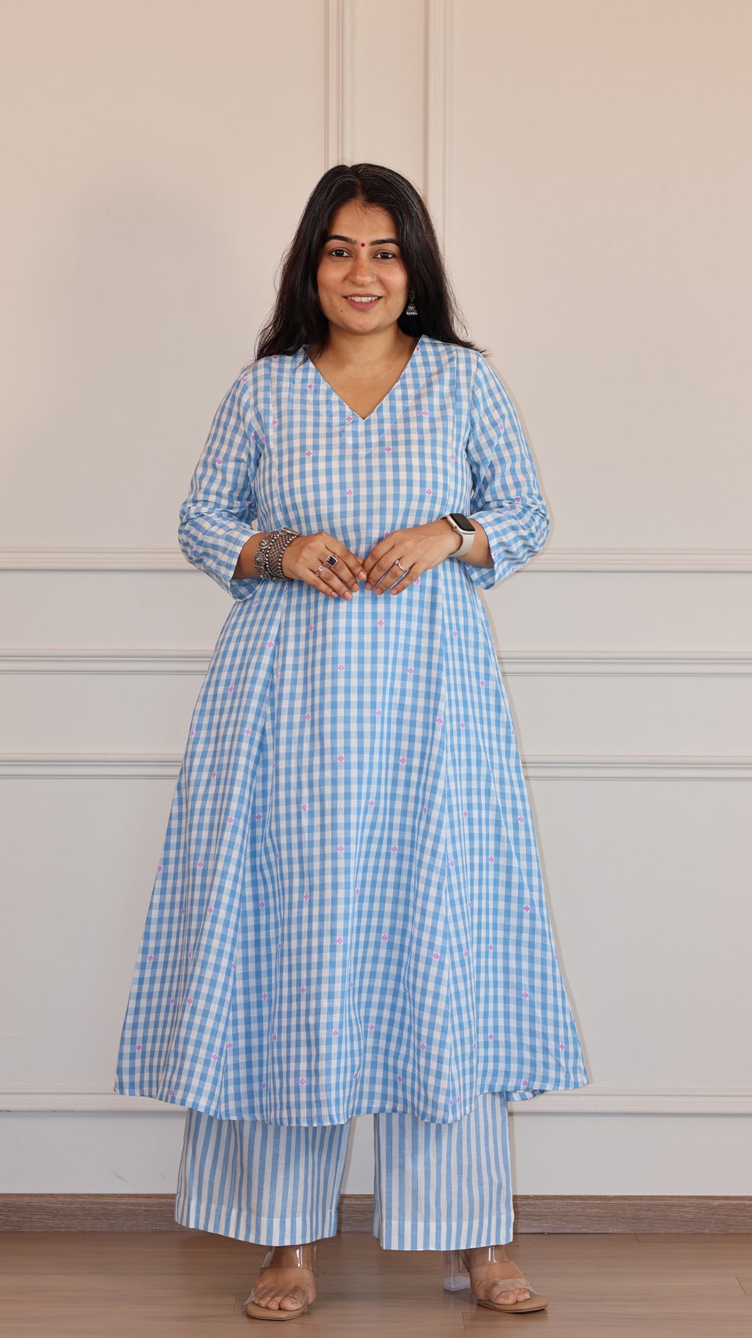 Checks and Stripes Handwoven Cotton Kurta - Light Blue