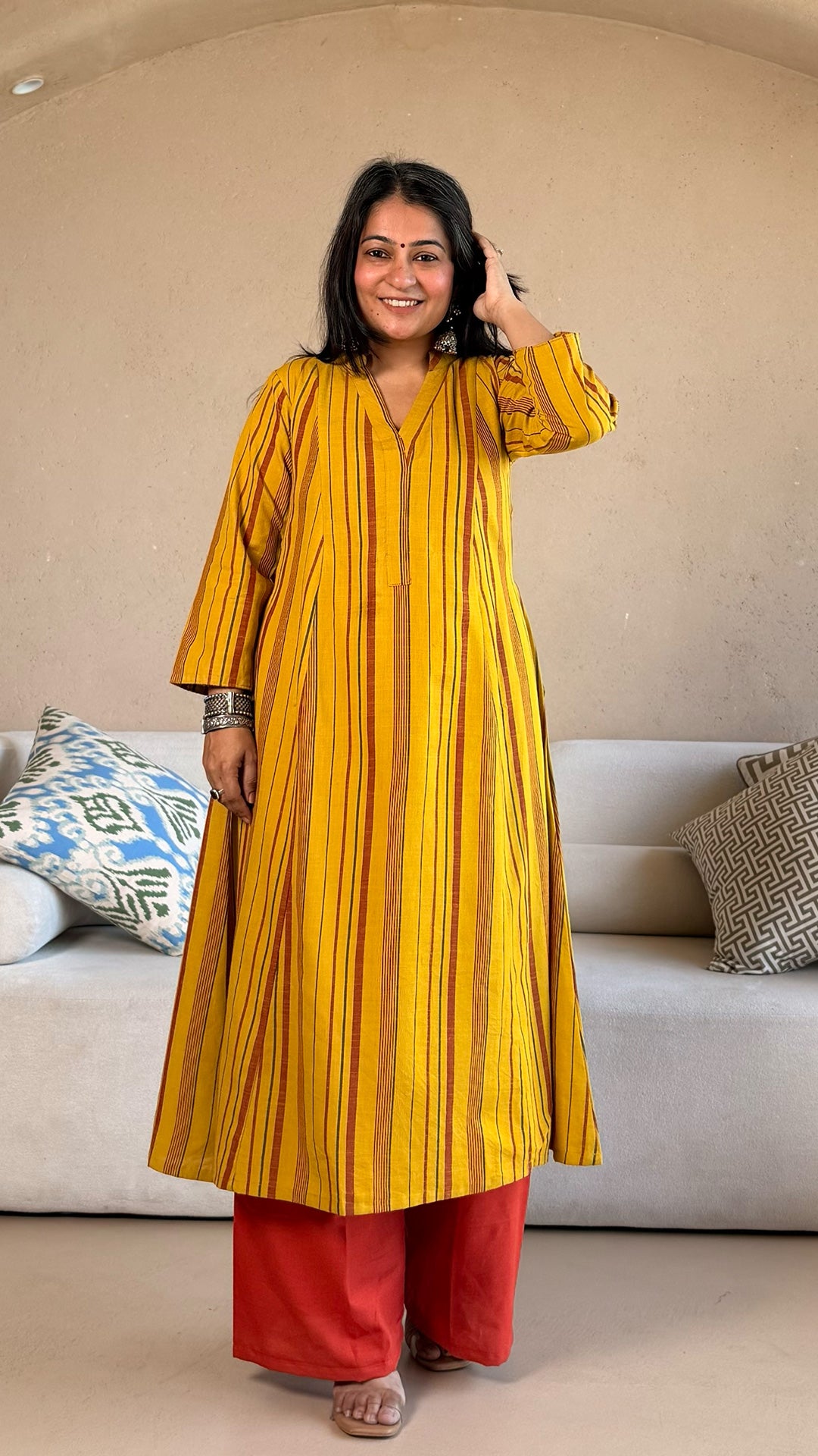 Nazreen Handwoven Stripes Cotton Kurta - Yellow/Rust