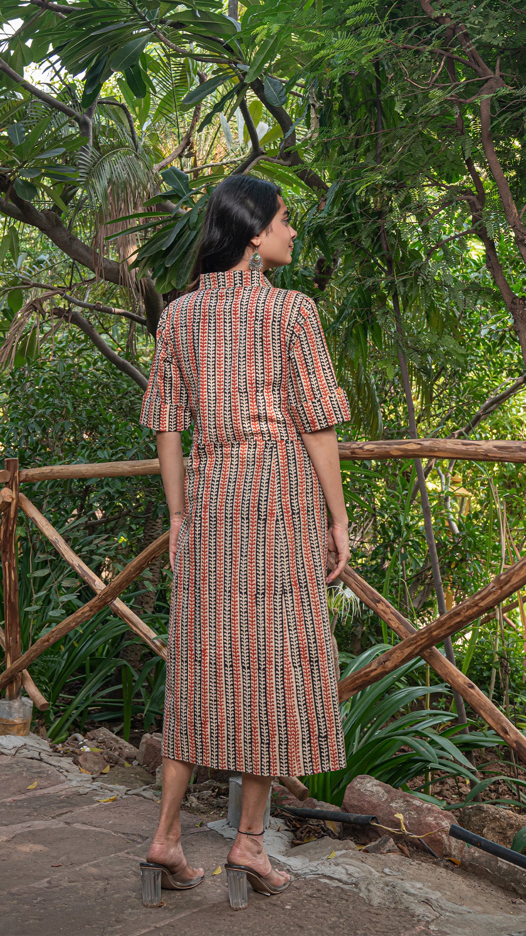 Nirjara Bagru Hand Block Cotton Shirt Dress - Red/Black Vertical Stripes