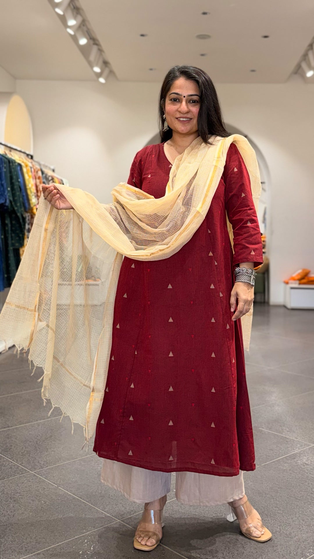 Tara Hand Woven Kali Kurta In Cotton - Maroon