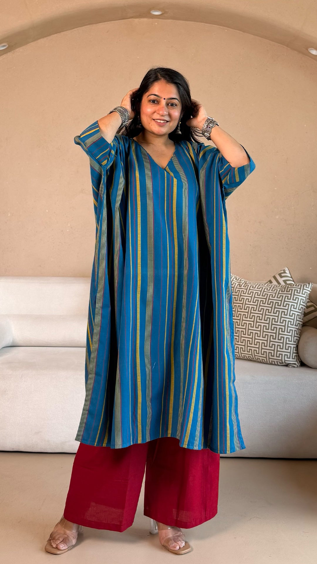 Anoli Stripes Kaftan Co-ord In Handwoven Cotton - Blue