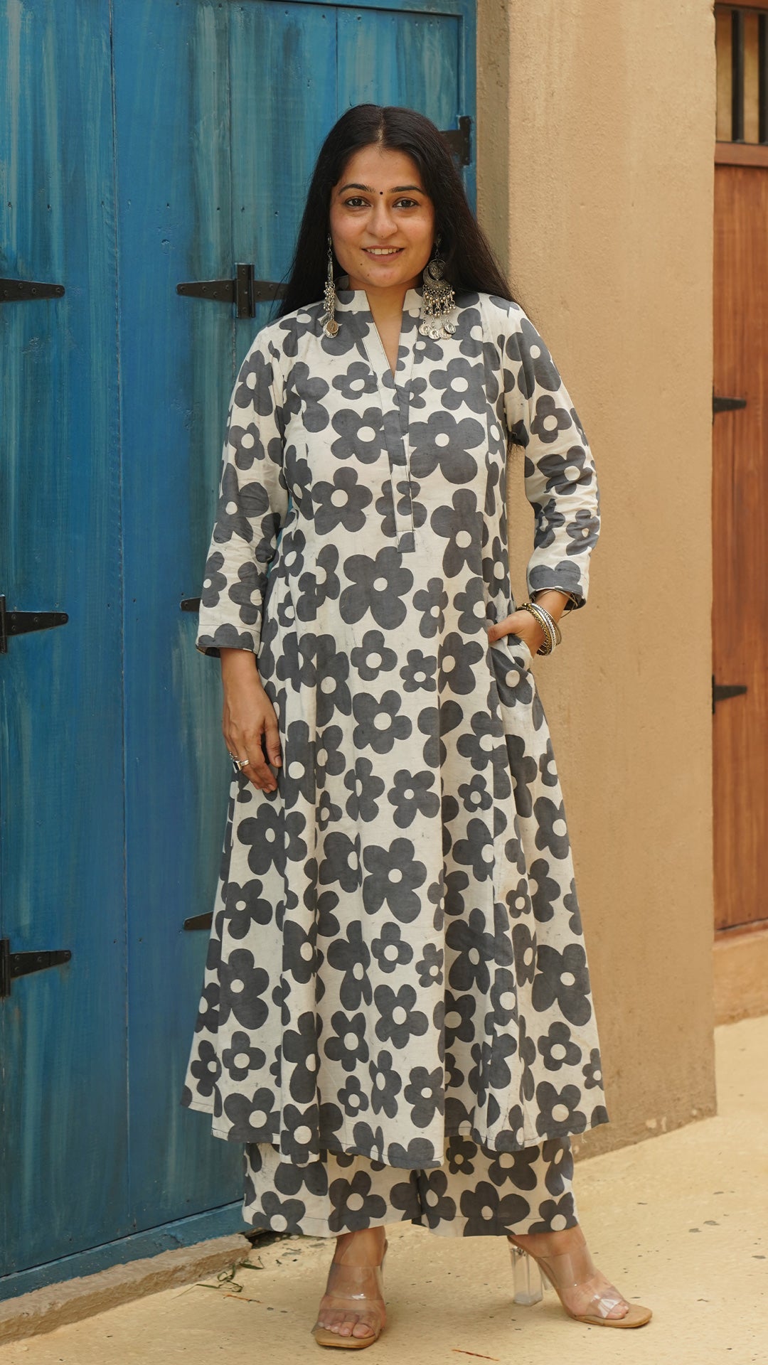Rhea - Grey Floral Kali Kurta In Cotton