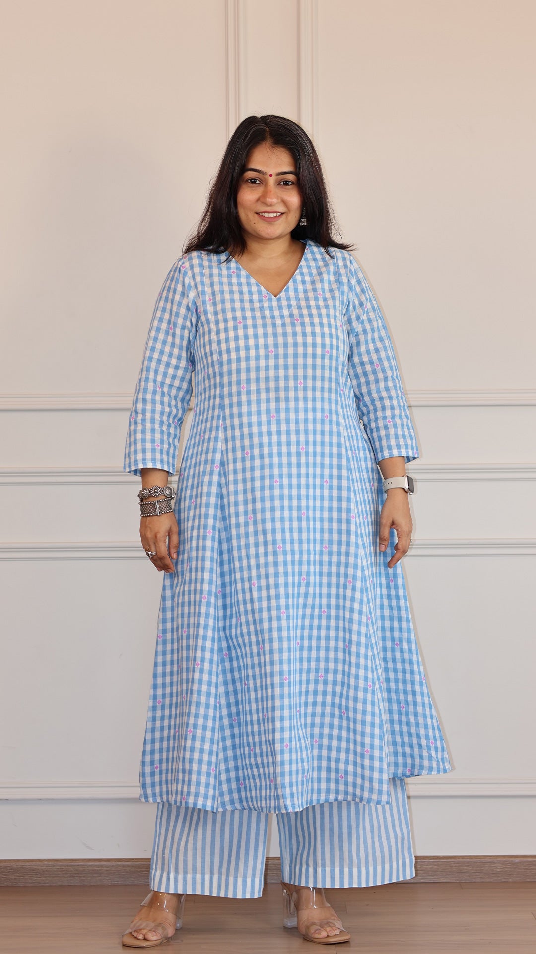Checks and Stripes Handwoven Cotton Kurta - Light Blue