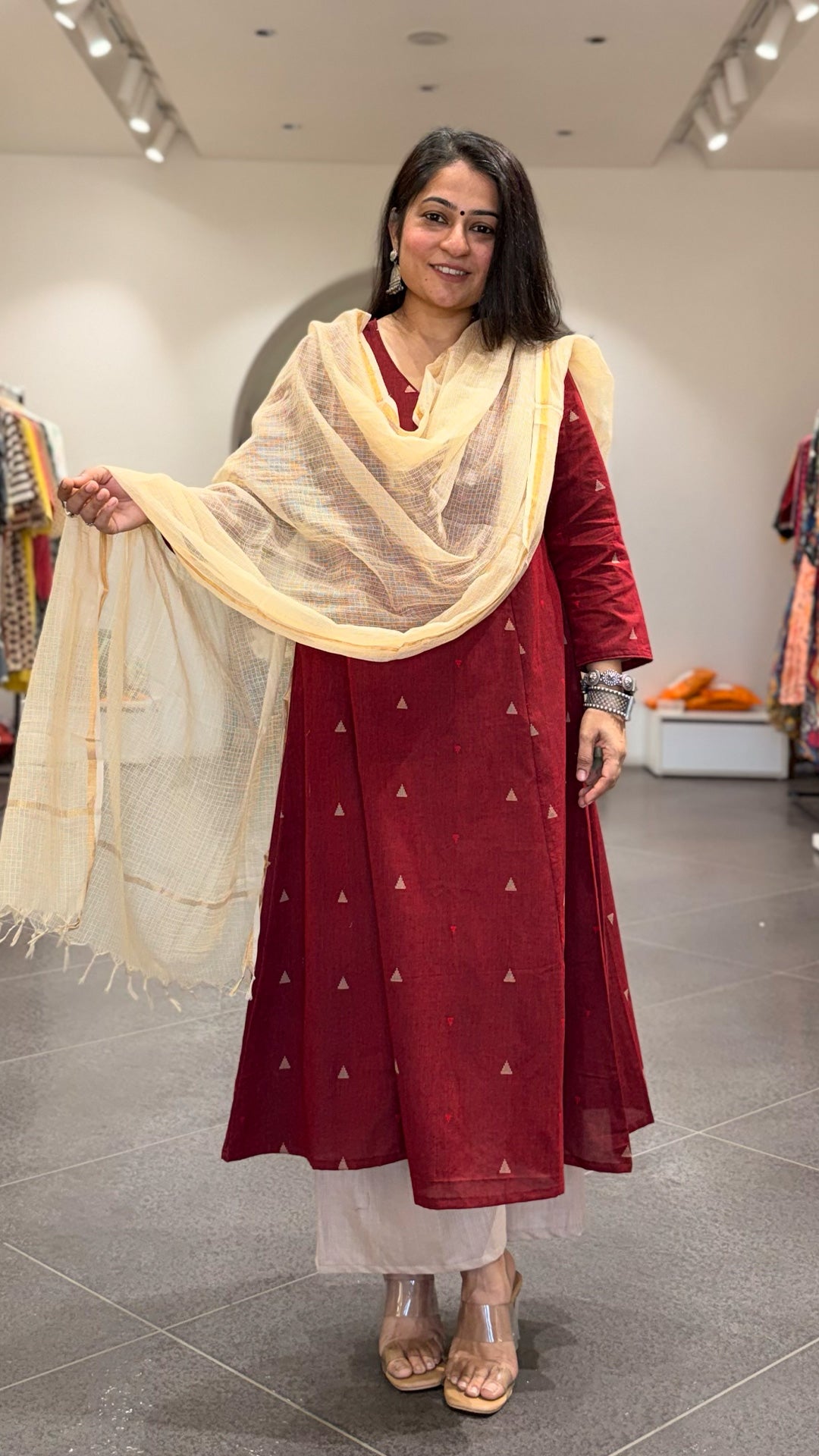 Tara Hand Woven Kali Kurta In Cotton - Maroon