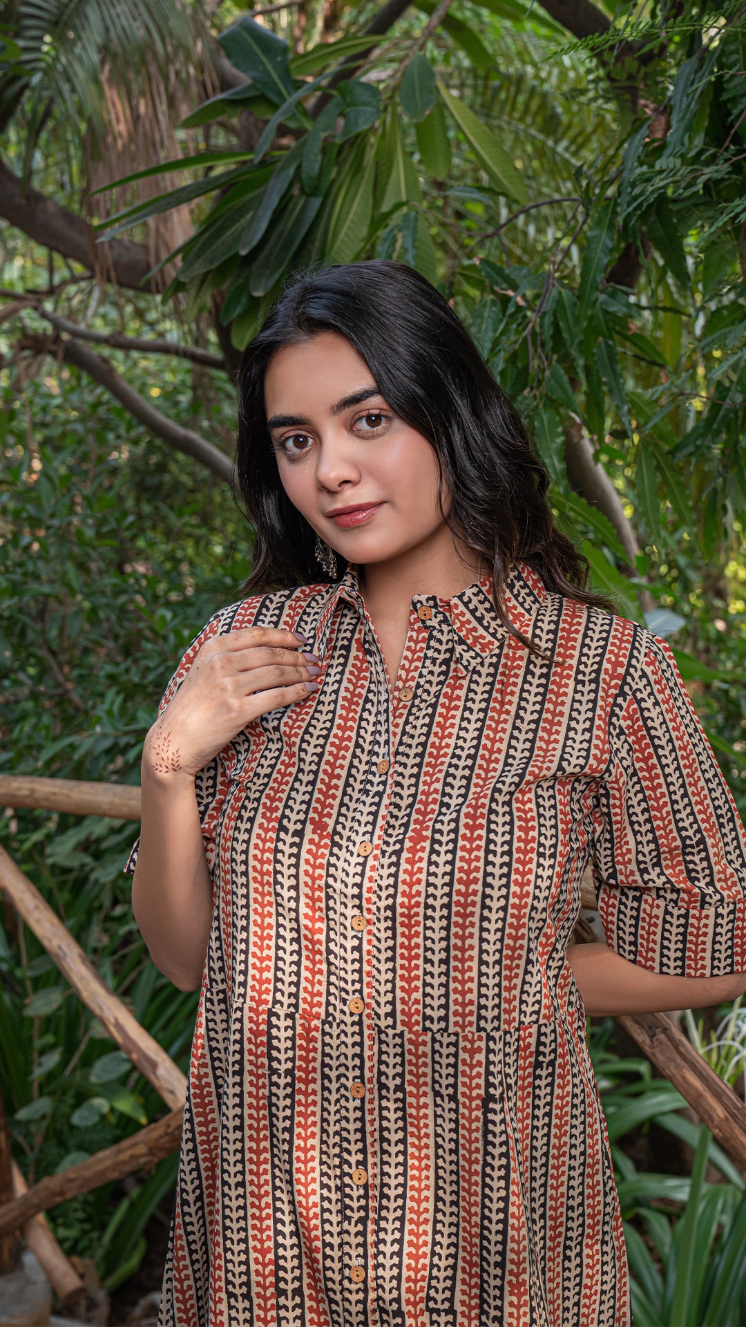 Nirjara Bagru Hand Block Cotton Shirt Dress - Red/Black Vertical Stripes