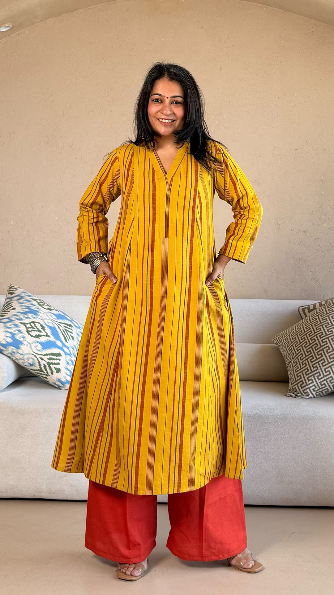 Nazreen Handwoven Stripes Cotton Kurta - Yellow/Rust