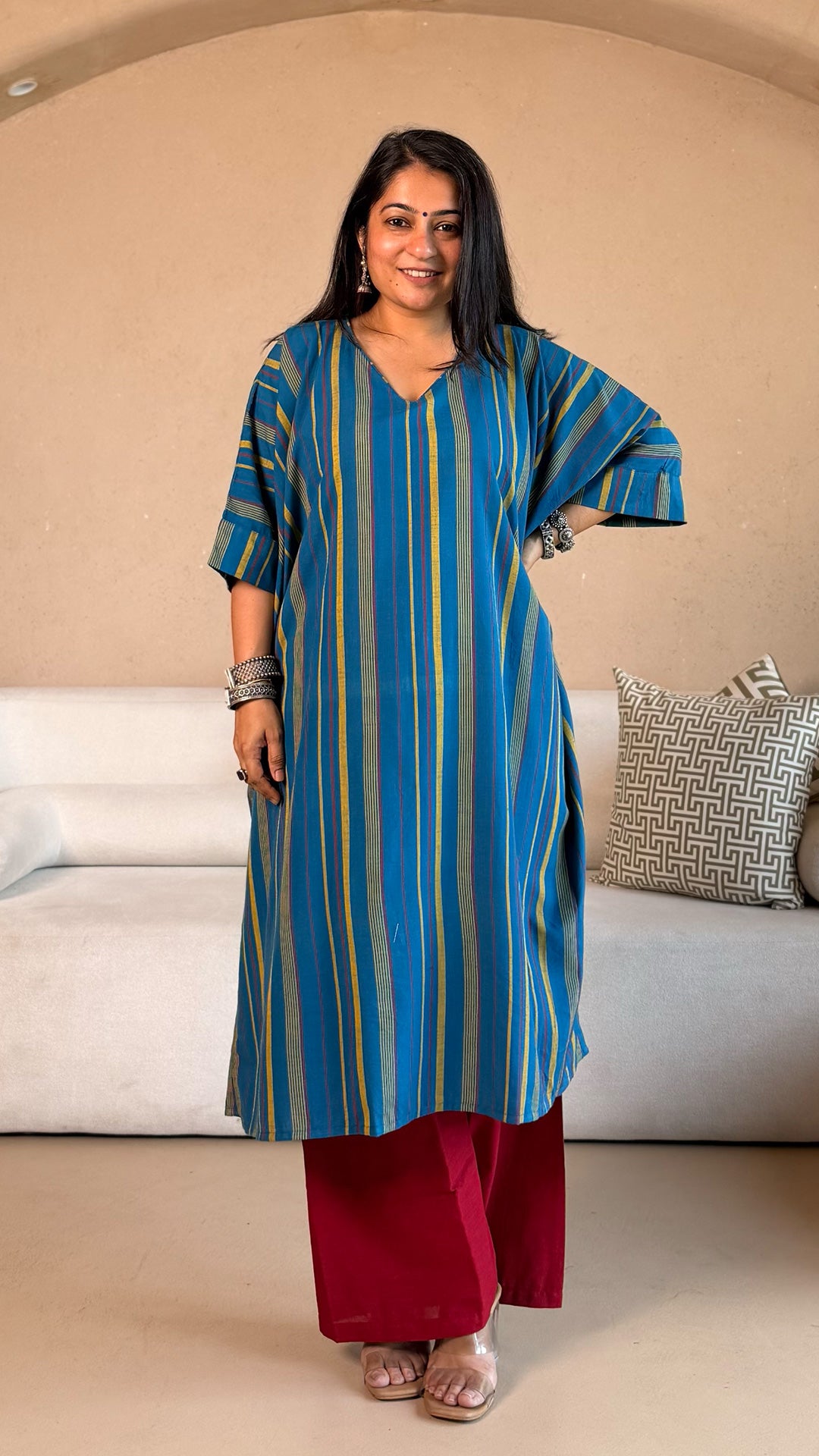 Anoli Stripes Kaftan Co-ord In Handwoven Cotton - Blue