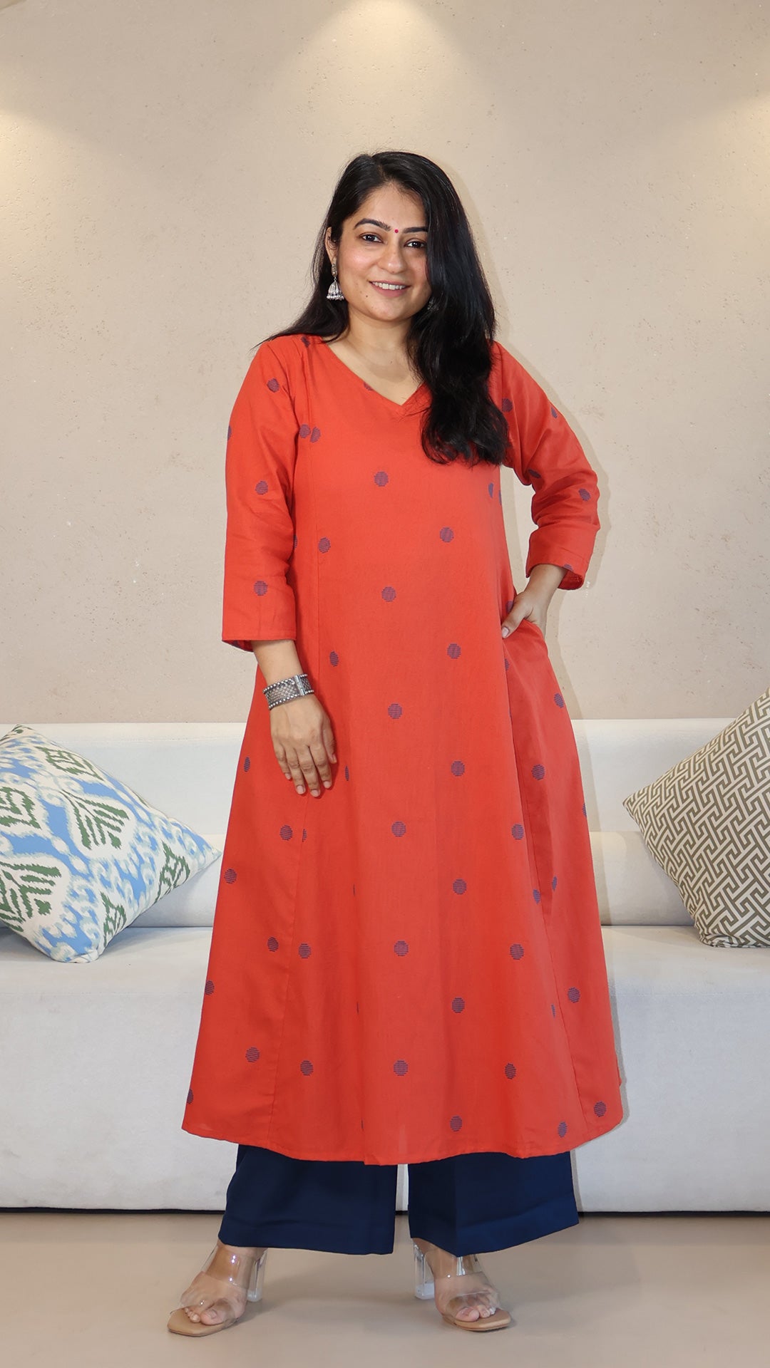 Orange Dots Motif Handwoven Cotton Kurta