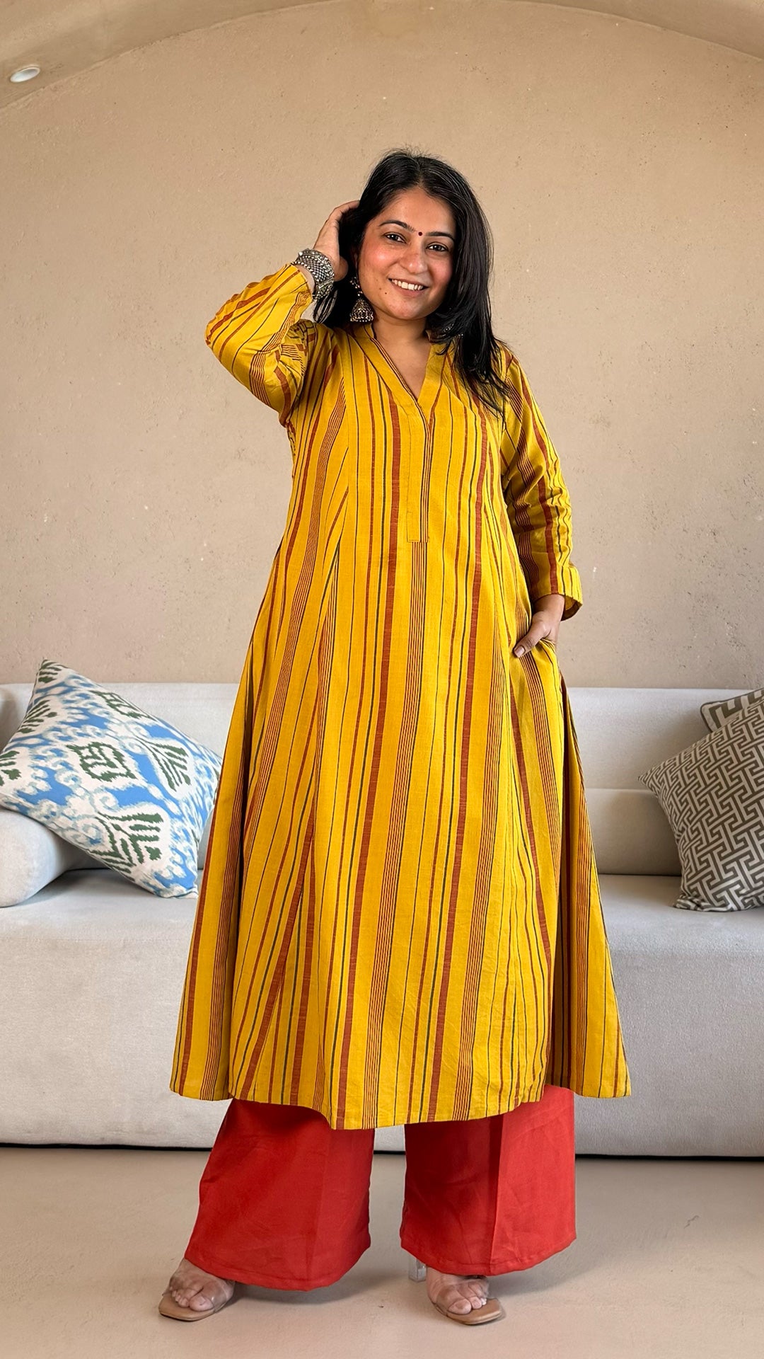 Nazreen Handwoven Stripes Cotton Kurta - Yellow/Rust