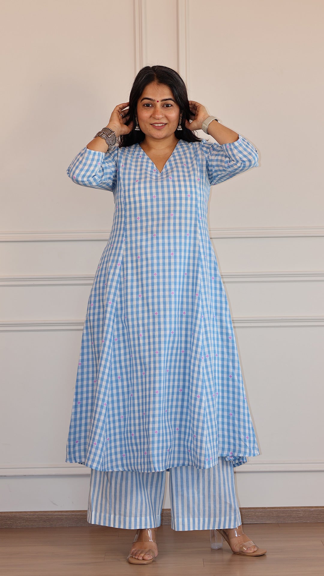 Checks and Stripes Handwoven Cotton Kurta - Light Blue