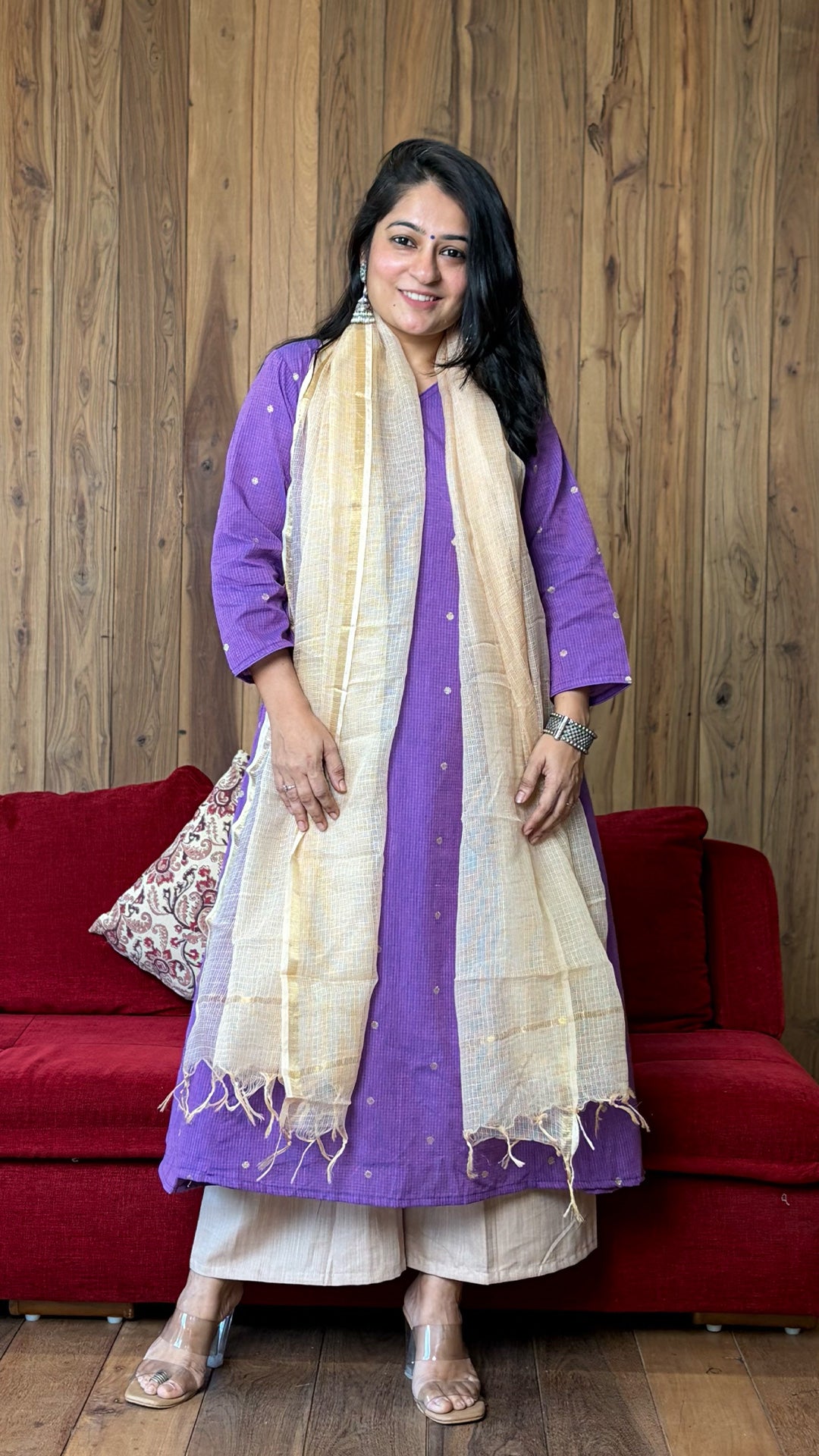 Tara Golden Butti Hand Woven Kali Kurta In Cotton - Purple