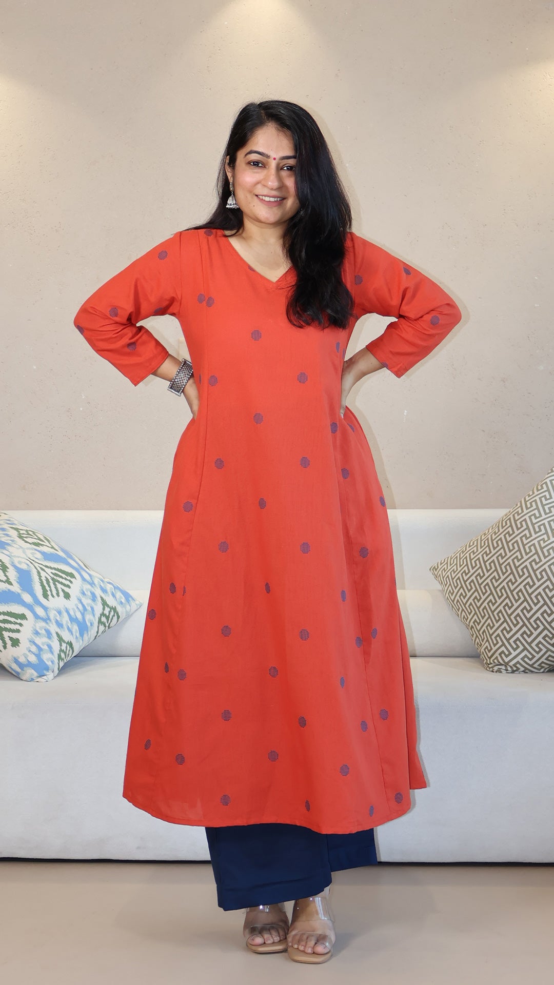 Orange Dots Motif Handwoven Cotton Kurta