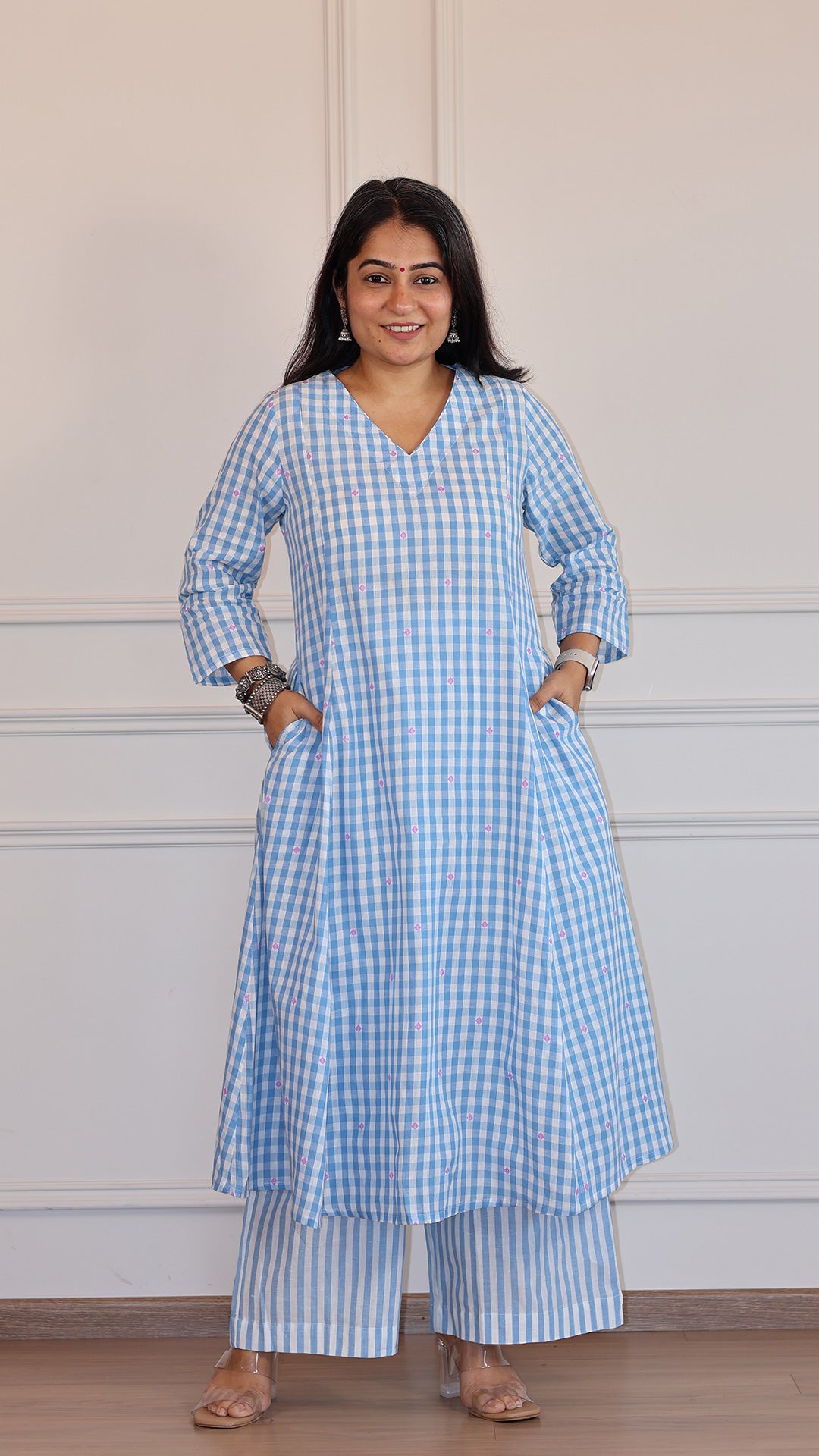 Checks and Stripes Handwoven Cotton Kurta - Light Blue