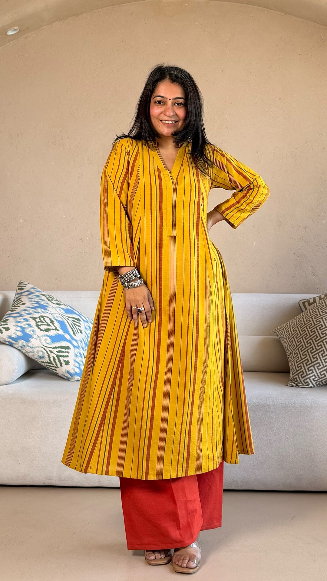 Nazreen Handwoven Stripes Cotton Kurta - Yellow/Rust