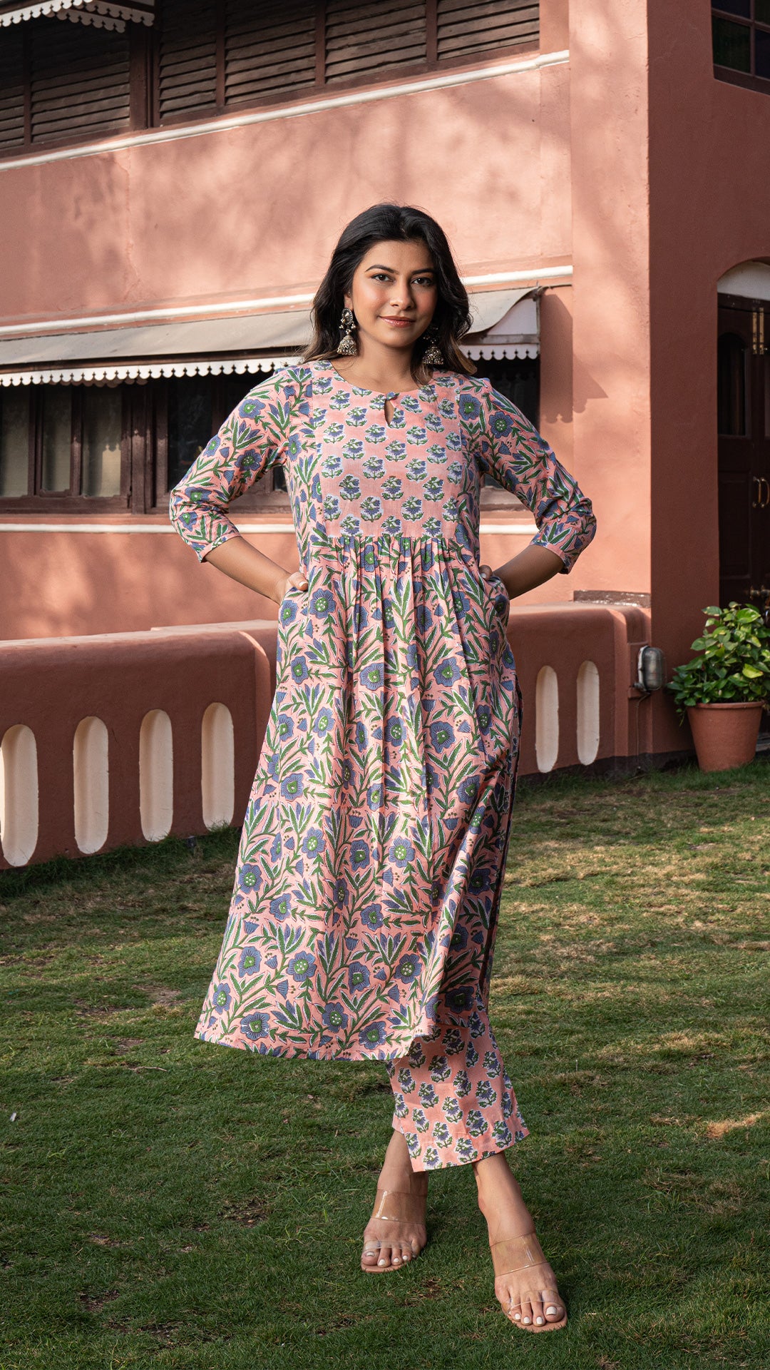 Aaisha Sanganeri Hand Block Cotton Kurta - Peach