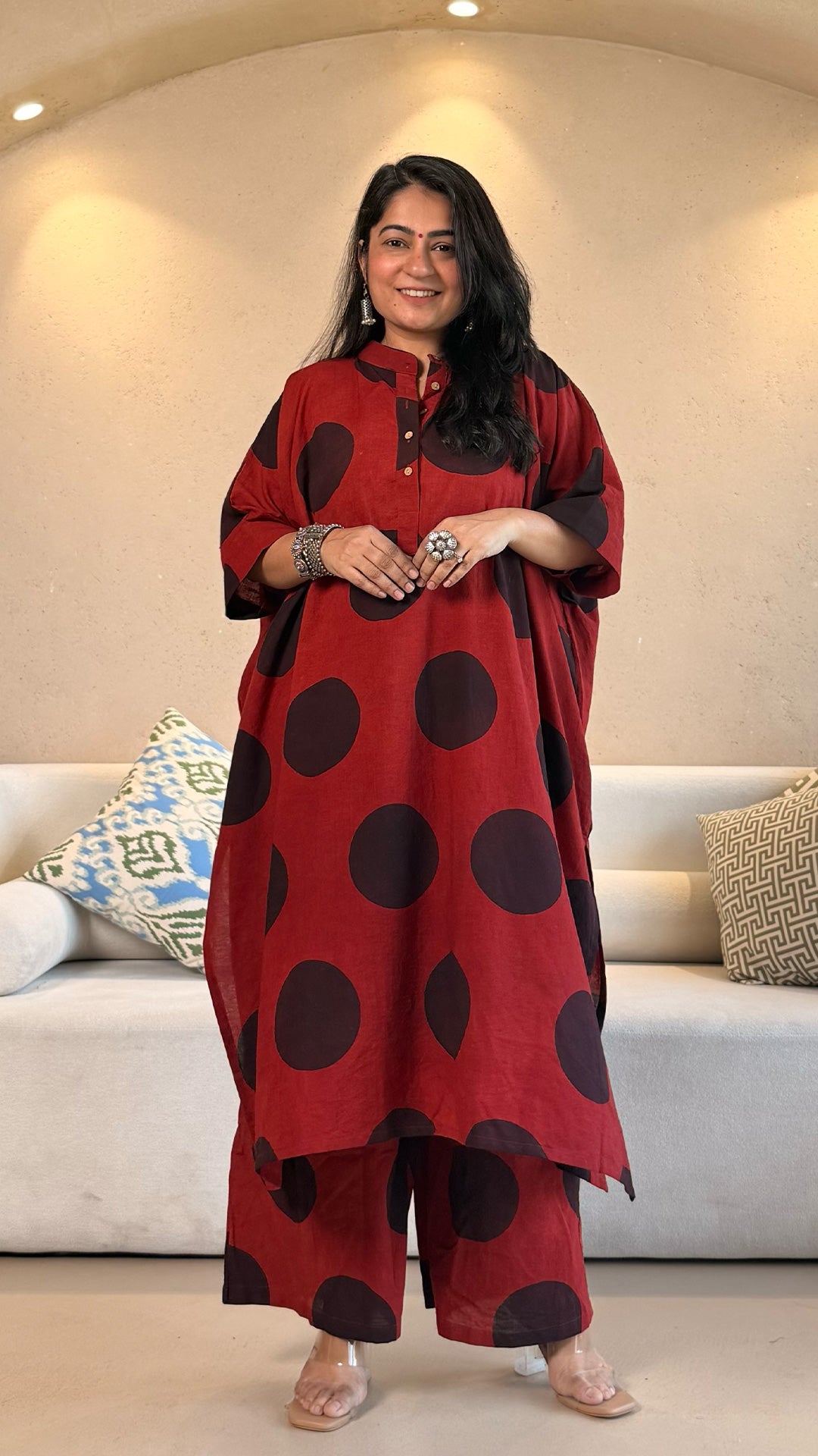 Red/Black Polka Ajrakh Cotton Kaftan Co-ord