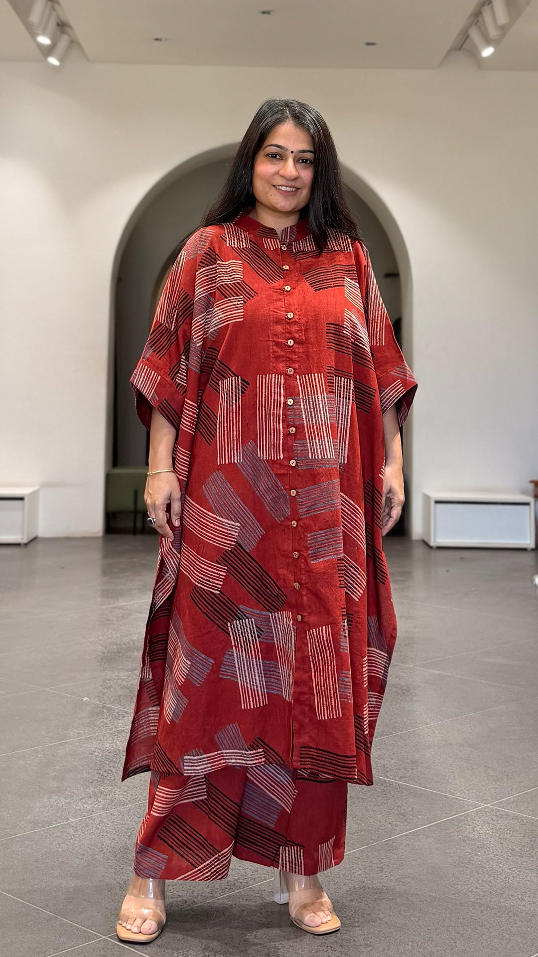 Clare Ajrakh Cotton Kaftan Co-ord - Red