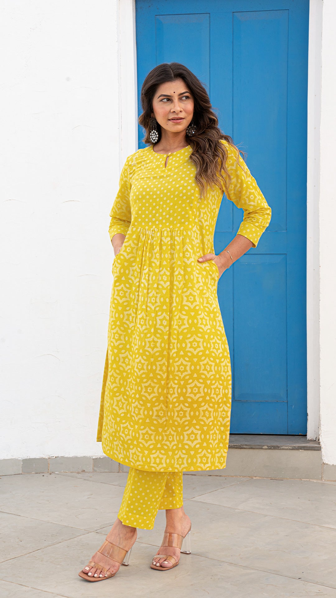 Anuja Yellow Dabu Kurta In Cotton