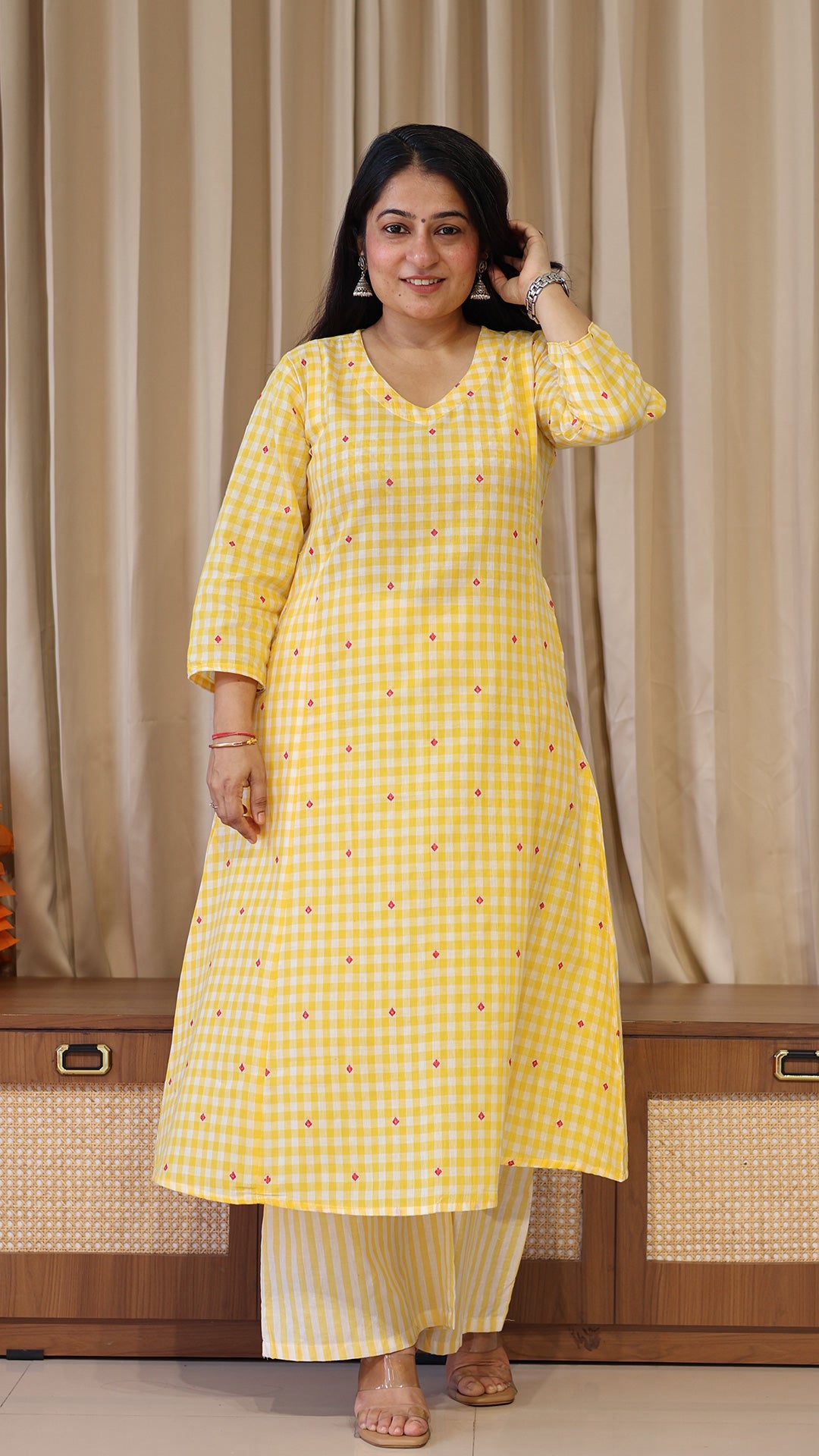 Checks and Stripes Handwoven Cotton Kurta - Yellow