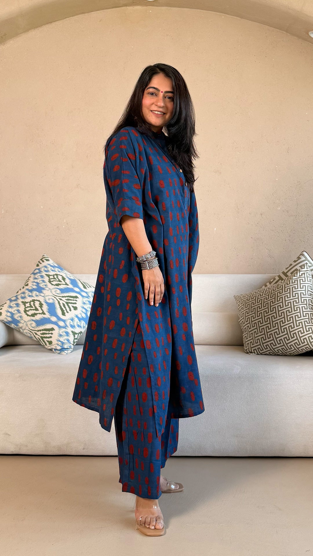 Kanan Ajrakh Cotton Kaftan Co-ord - Indigo/Red