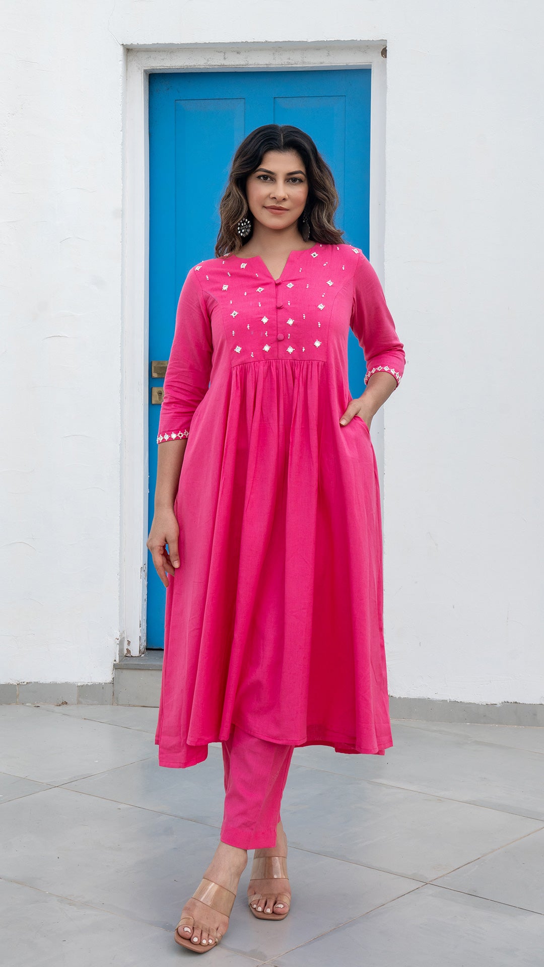 Light Pink Mirror Embroidered Kurta In Cotton