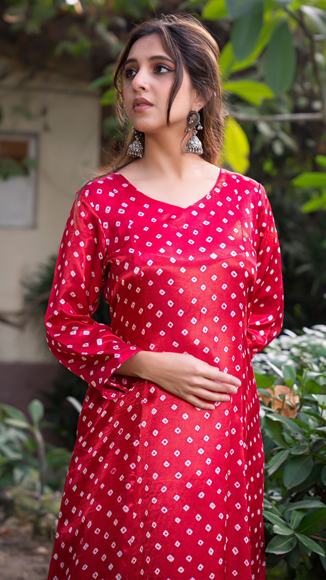 Bandhani Kali Kurta Set In Silk - Red