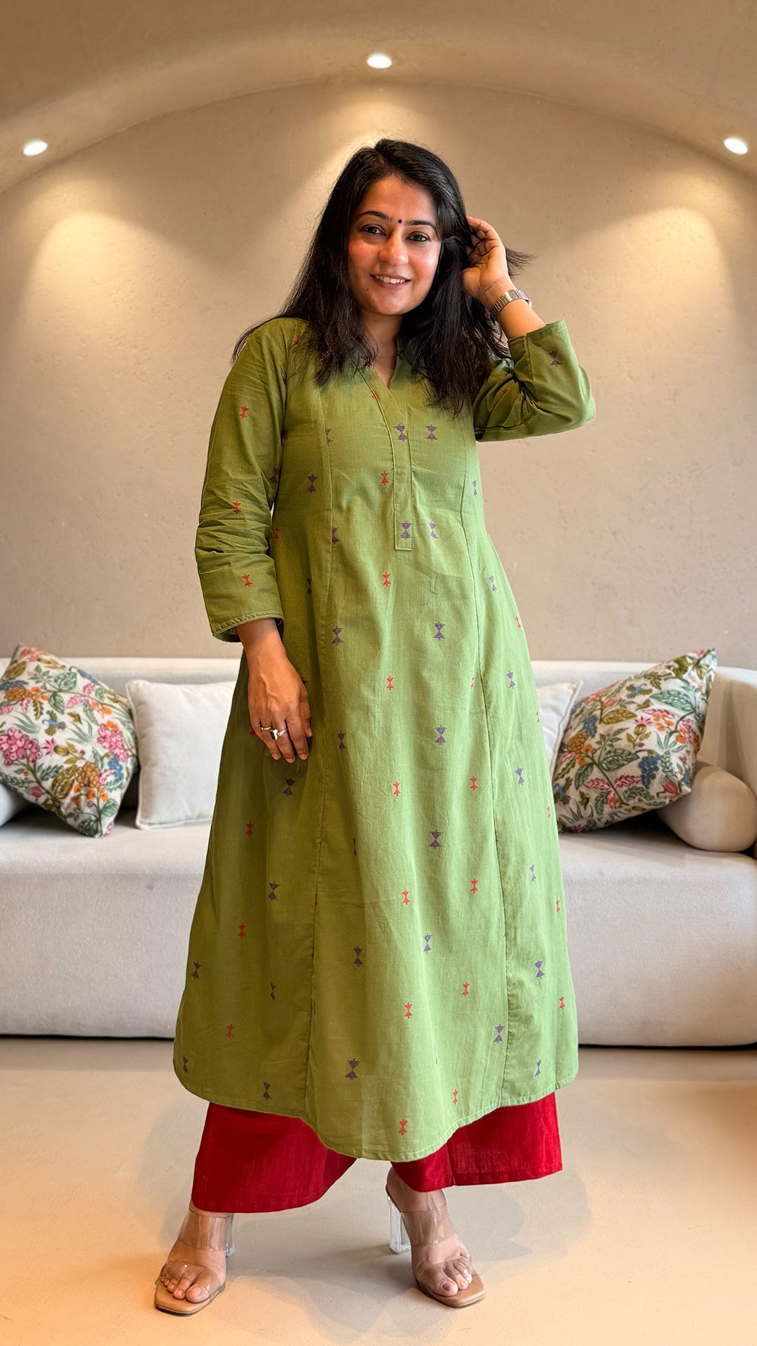 Mousam Hand Woven Kali Kurta In Cotton - Green