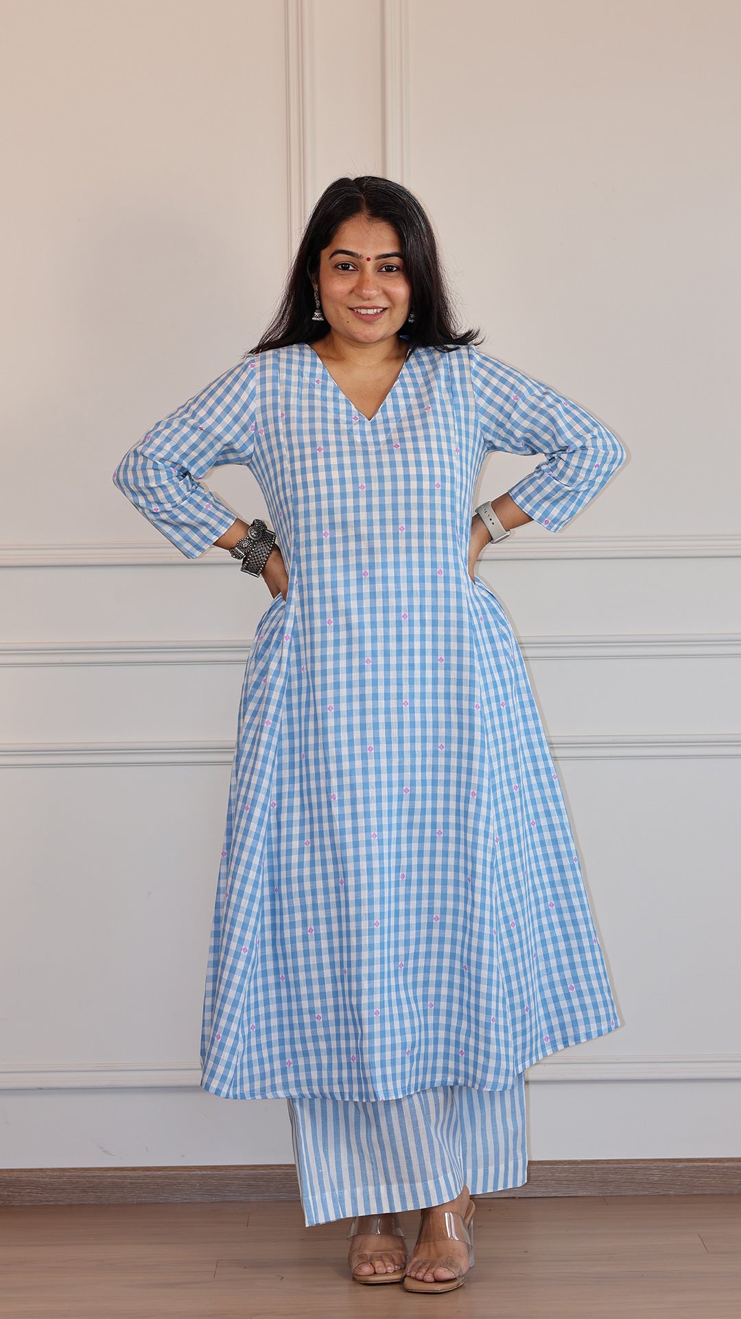 Checks and Stripes Handwoven Cotton Kurta - Light Blue