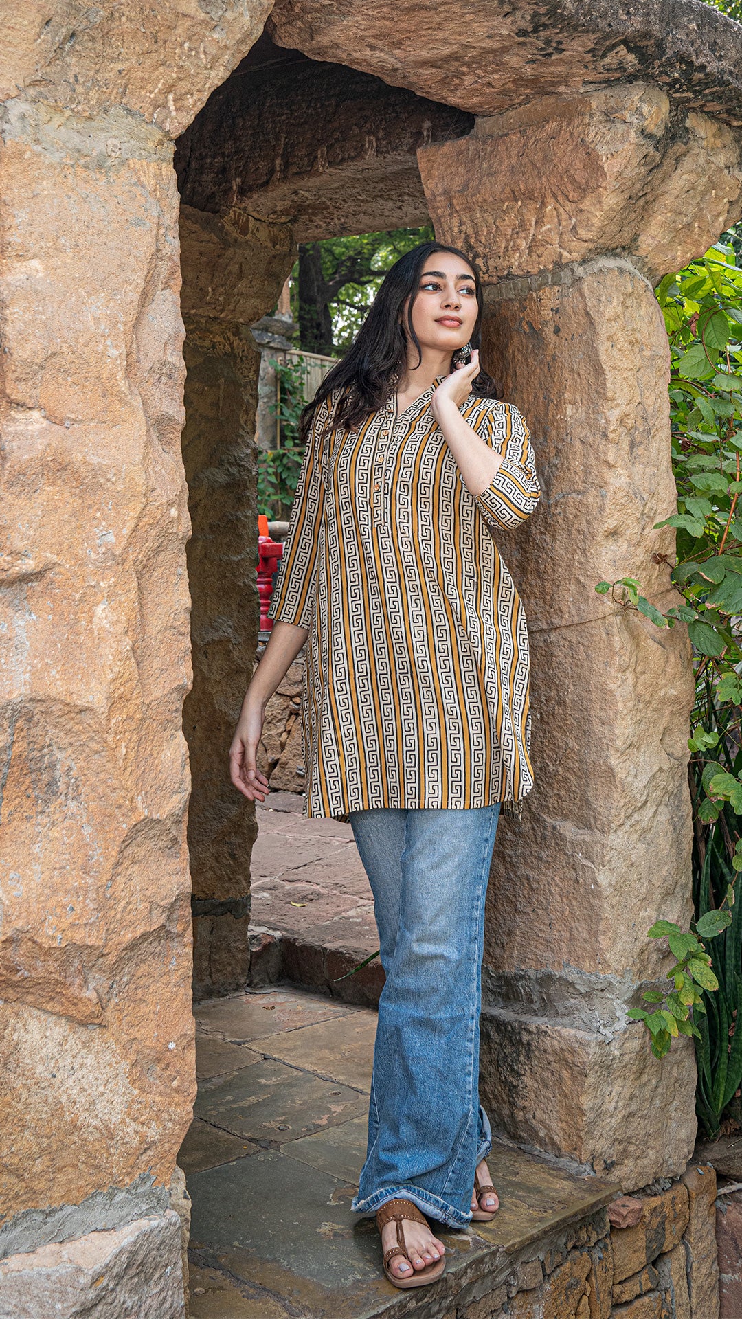 Rushali Bagru Hand Block Print Cotton Short Top - Mustard